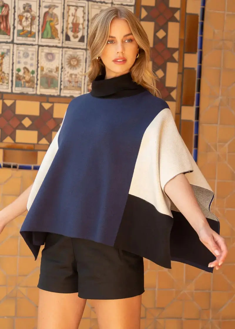 Navy Color Wave Poncho