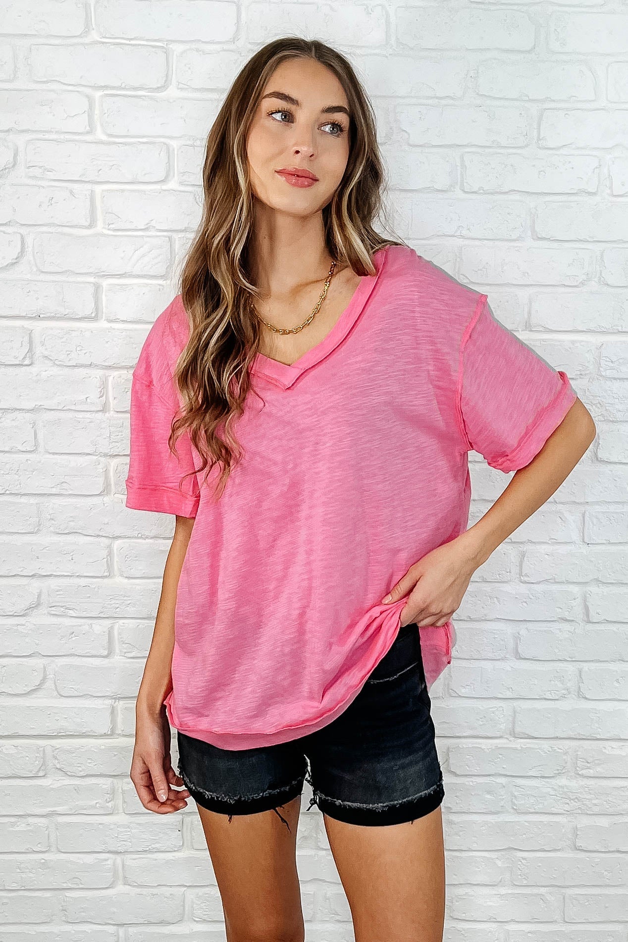 Basic Instinct Drop Shoulder V-Neck Tee in Pink