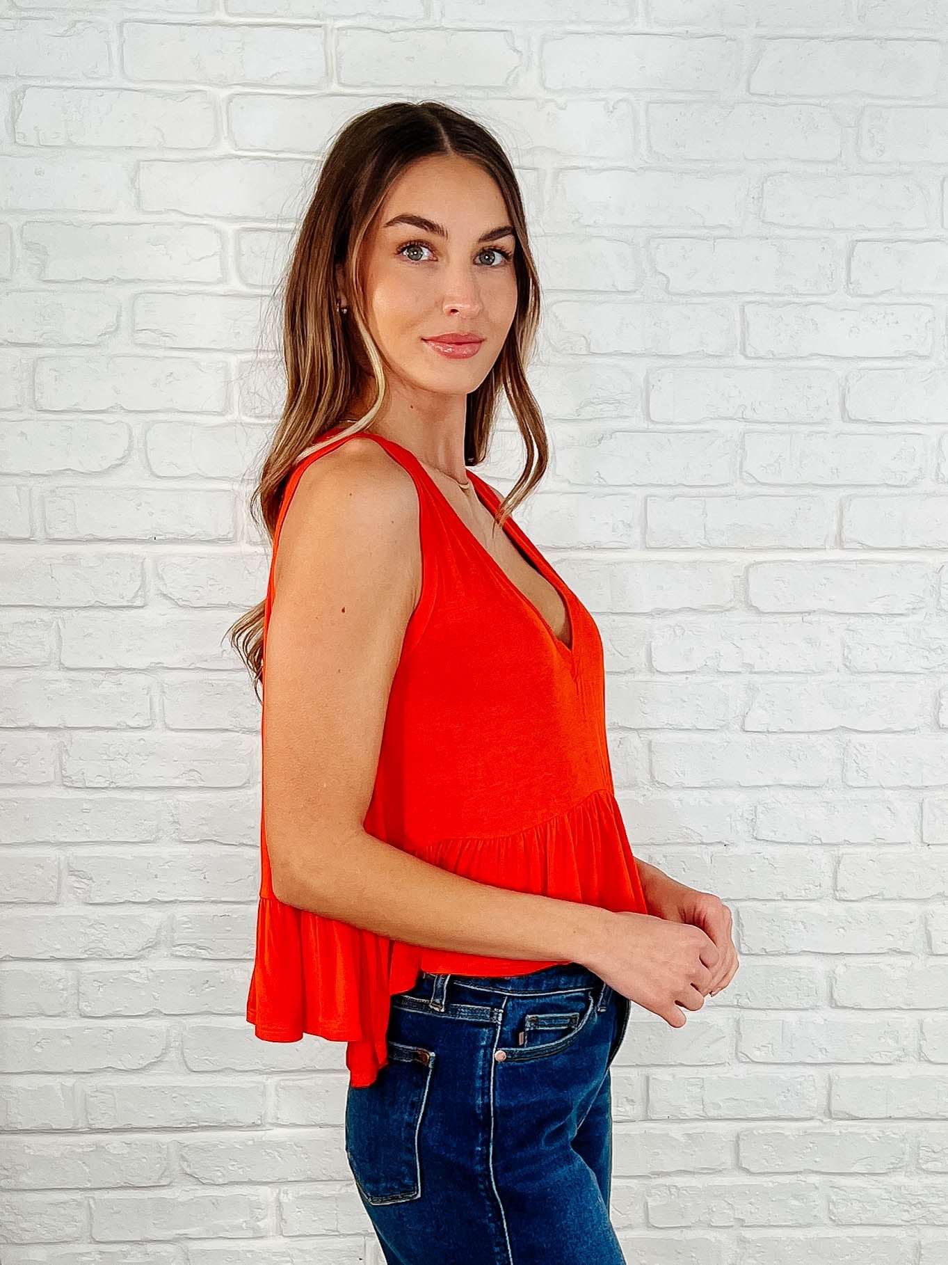 V-Neck Ruffled Peplum in Spicy Orange
