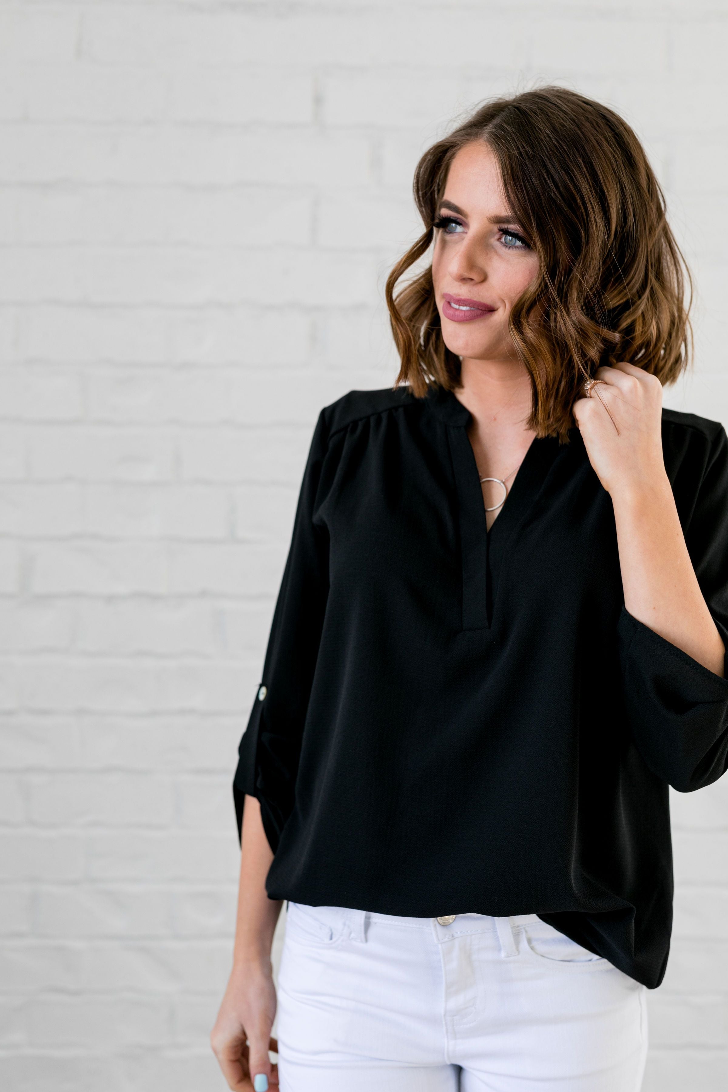 Madeline Mandarin Collared Top In Black