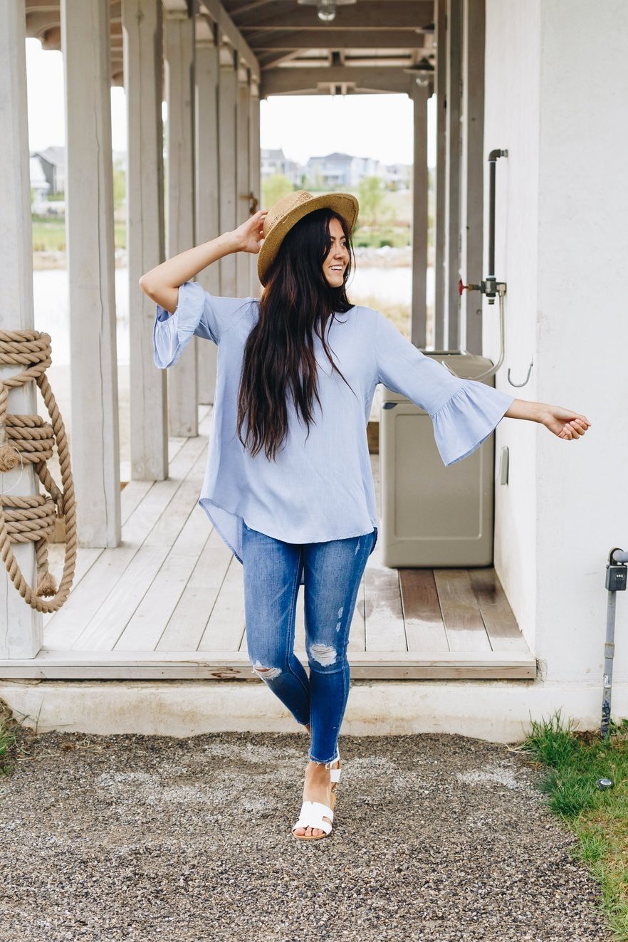 Linen-Like Trumpet Sleeve Blouse In Pale Blue