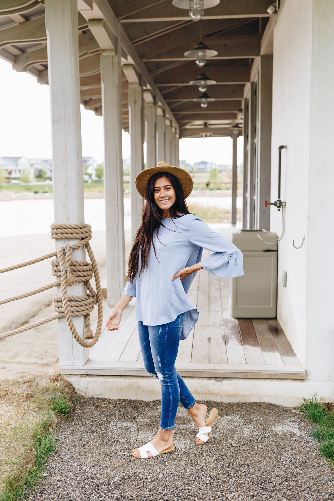 Linen-Like Trumpet Sleeve Blouse In Pale Blue
