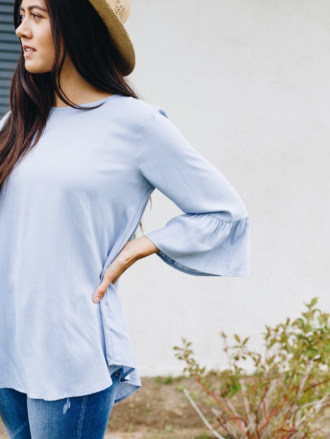 Linen-Like Trumpet Sleeve Blouse In Pale Blue