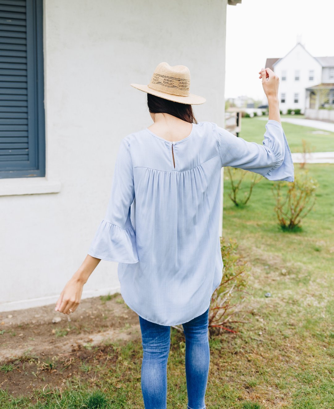 Linen-Like Trumpet Sleeve Blouse In Pale Blue