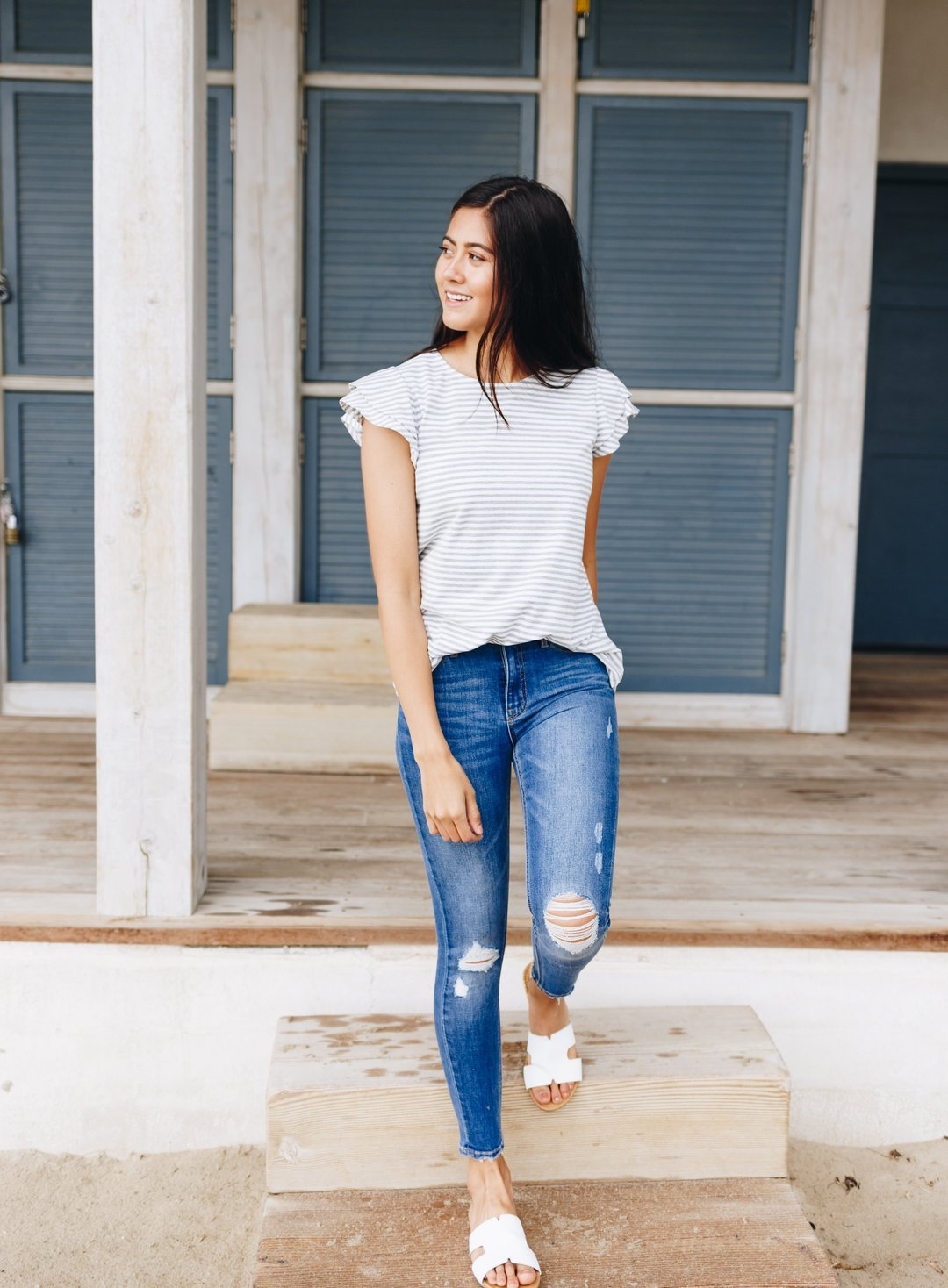 Striped Double Ruffle Top In Gray + White