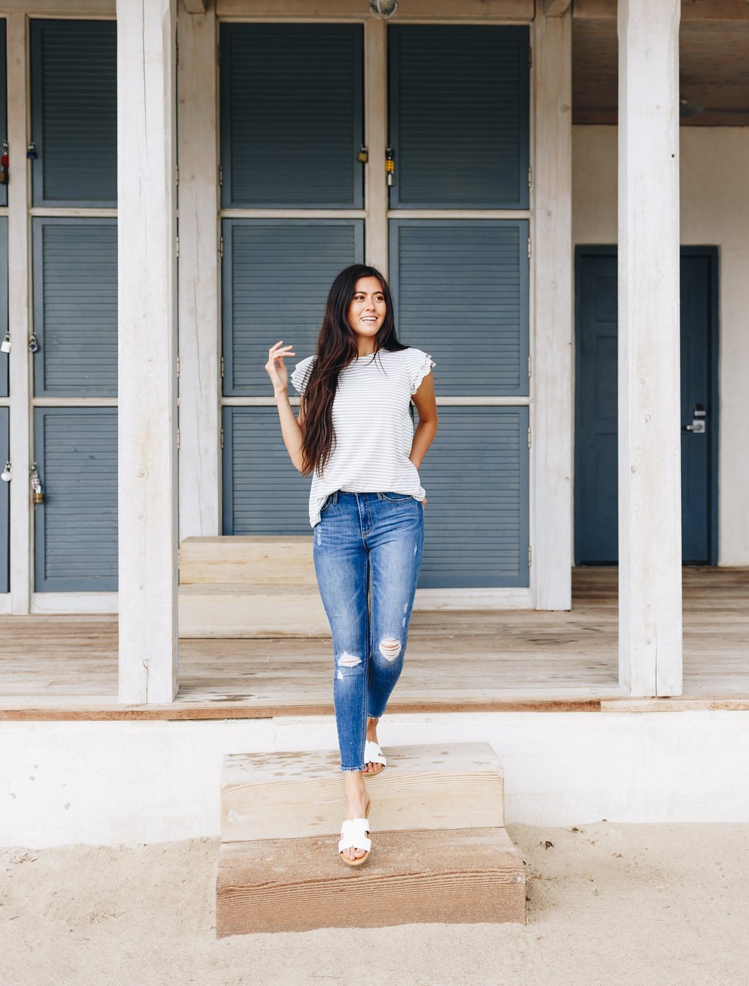 Striped Double Ruffle Top In Gray + White