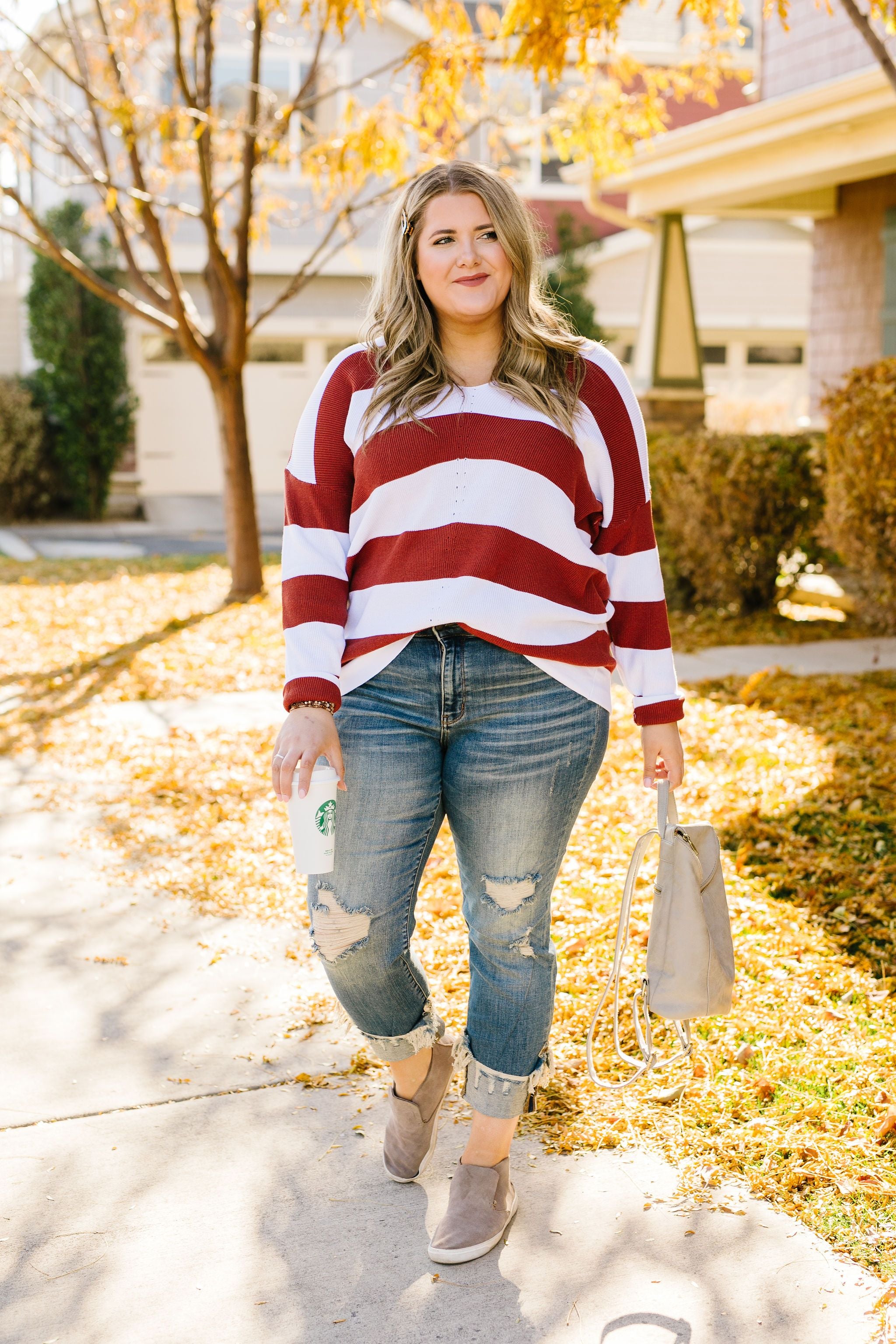 Room With A View Striped V-Neck Sweater in Rust