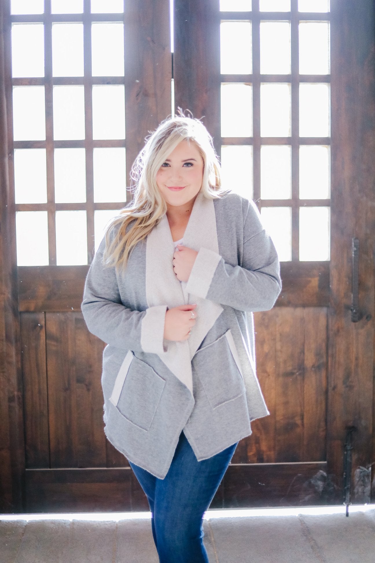 Tres Chic French Terry Cardigan In Gray