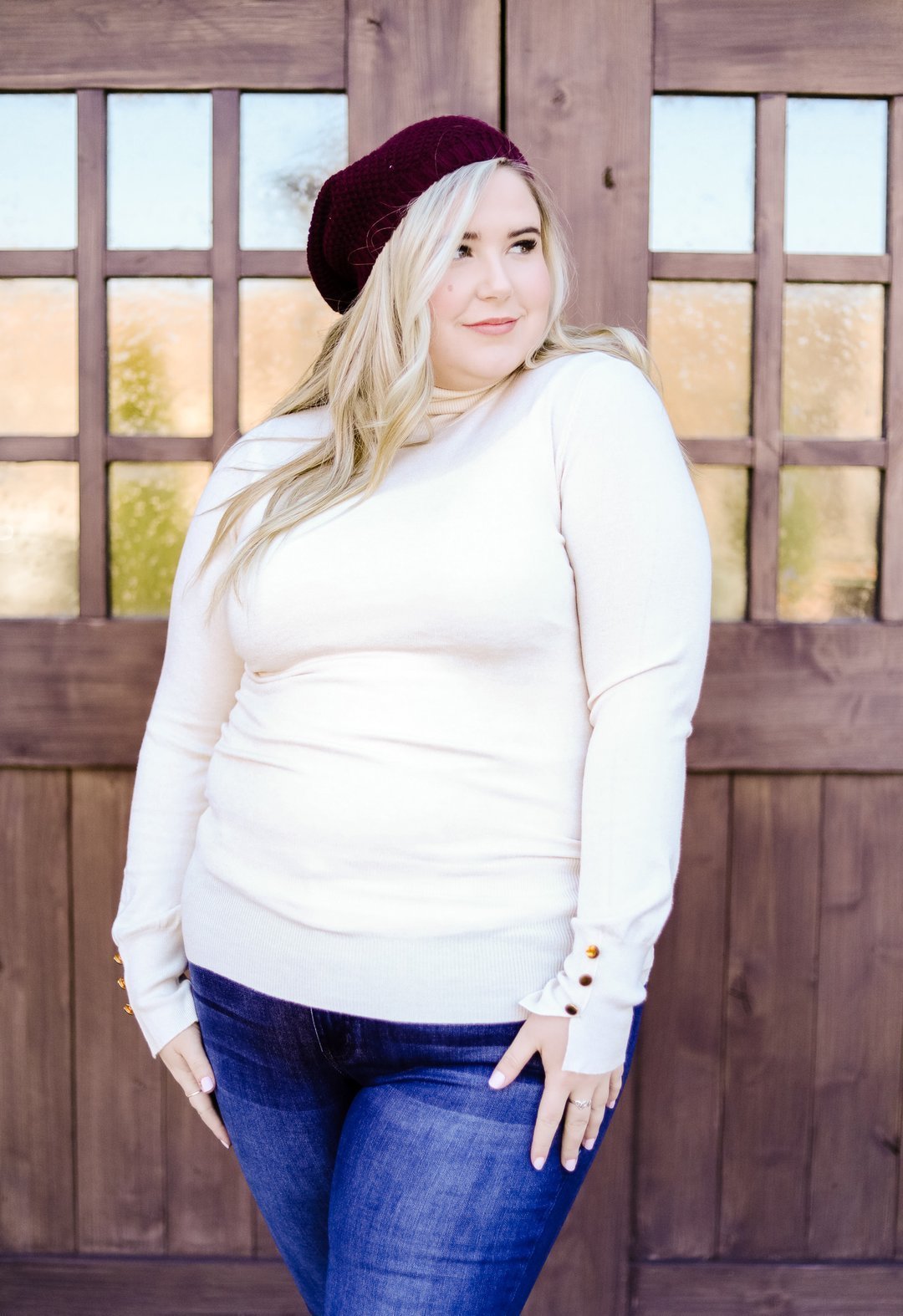 Button Sleeve Elegance Turtleneck Sweater In Ivory