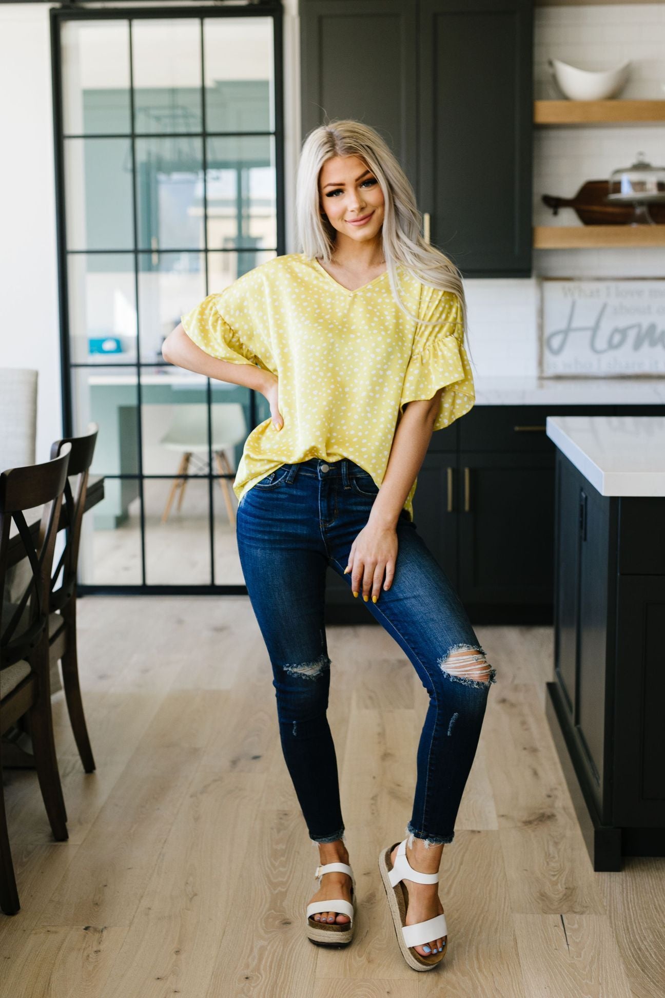 Silky Spots Ruffle Sleeve Blouse In Honey