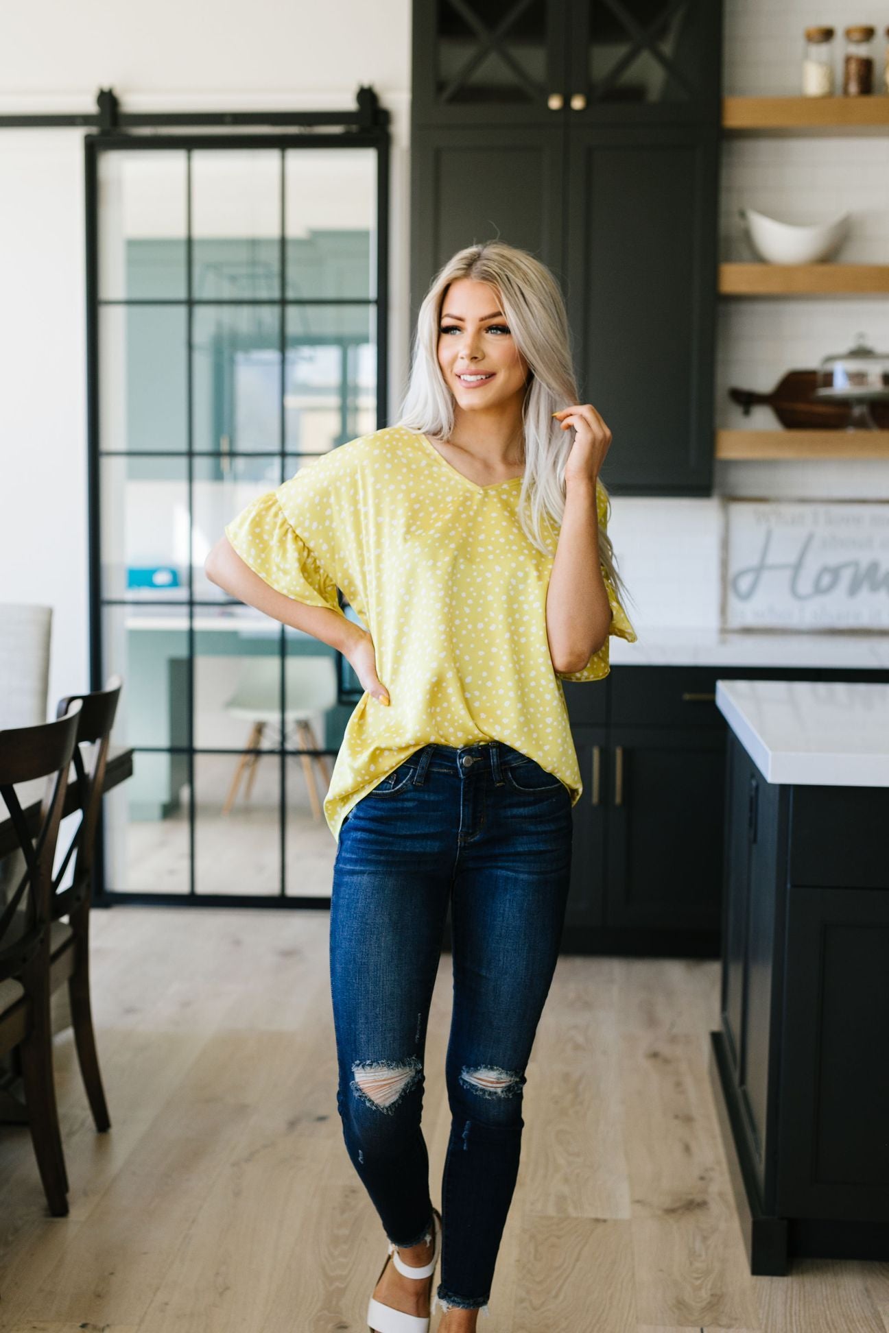 Silky Spots Ruffle Sleeve Blouse In Honey