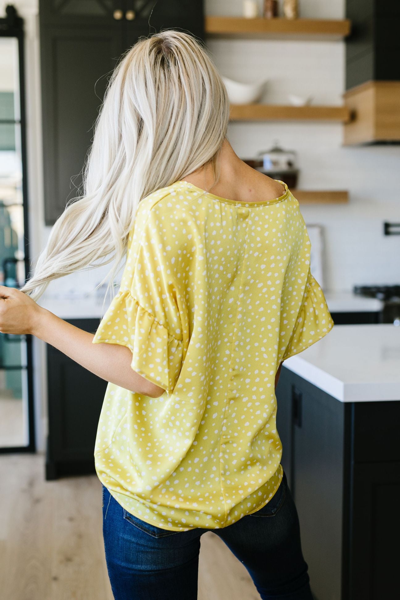 Silky Spots Ruffle Sleeve Blouse In Honey