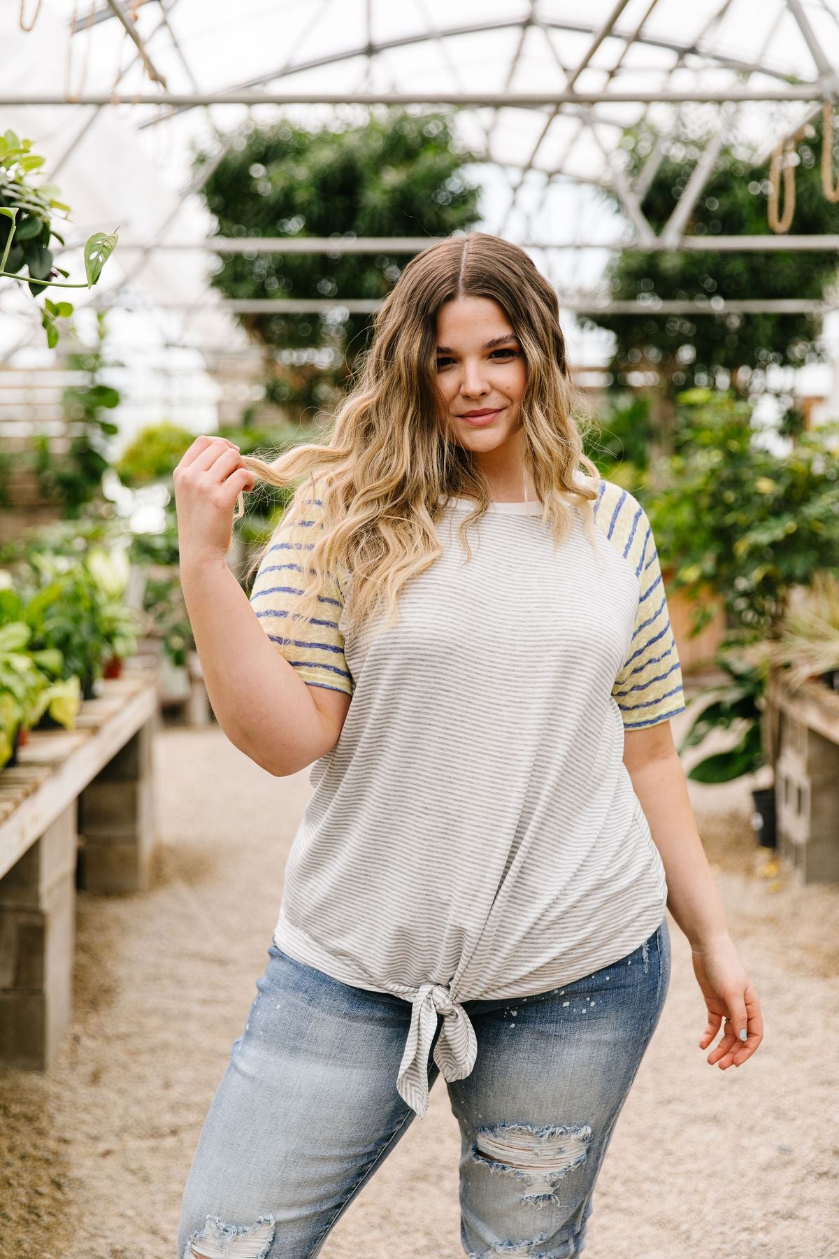 Raglan Stripes Tie Front Tee In Pale Yellow