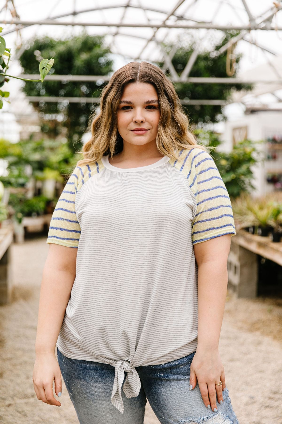 Raglan Stripes Tie Front Tee In Pale Yellow
