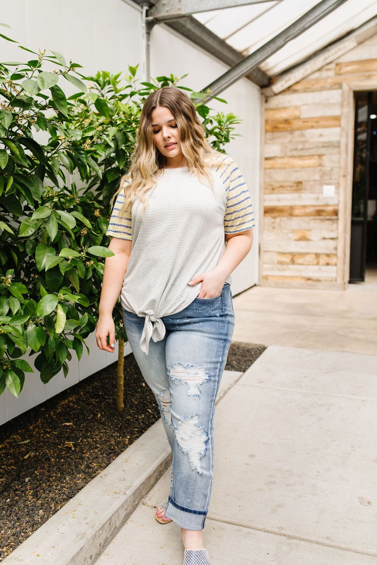 Raglan Stripes Tie Front Tee In Pale Yellow