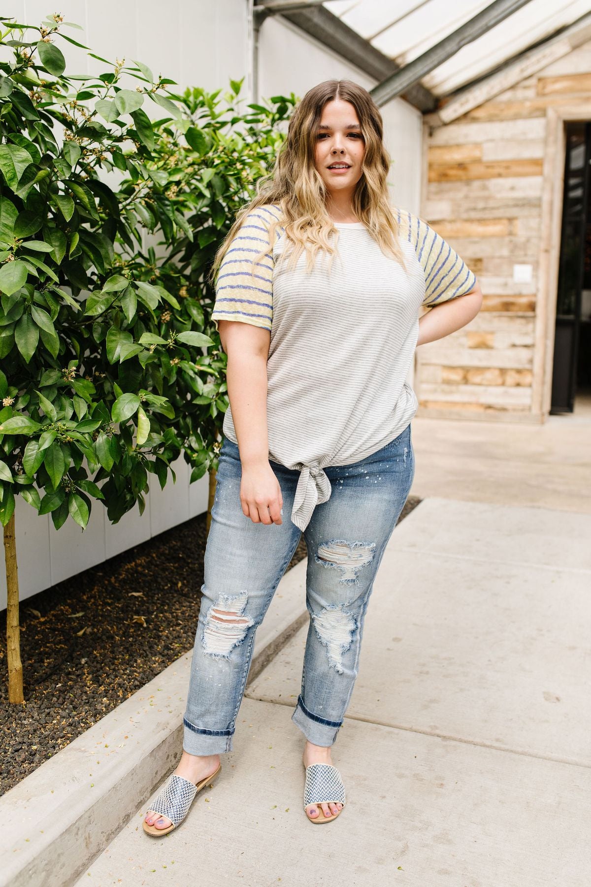 Raglan Stripes Tie Front Tee In Pale Yellow