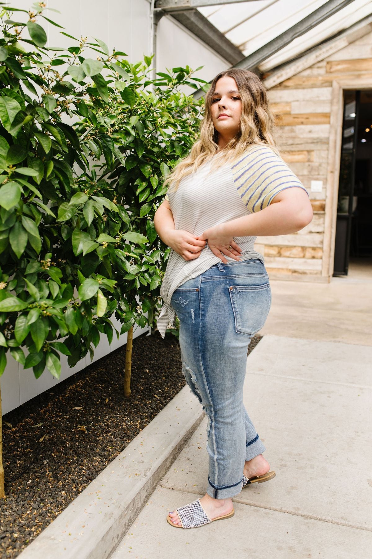 Raglan Stripes Tie Front Tee In Pale Yellow