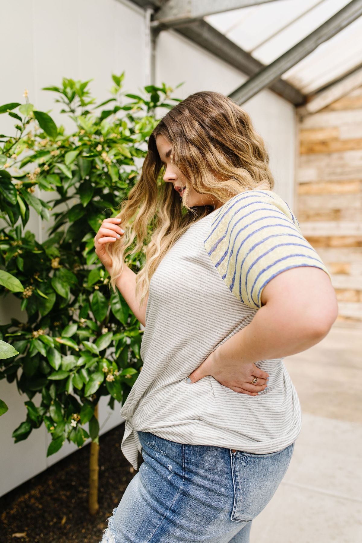 Raglan Stripes Tie Front Tee In Pale Yellow
