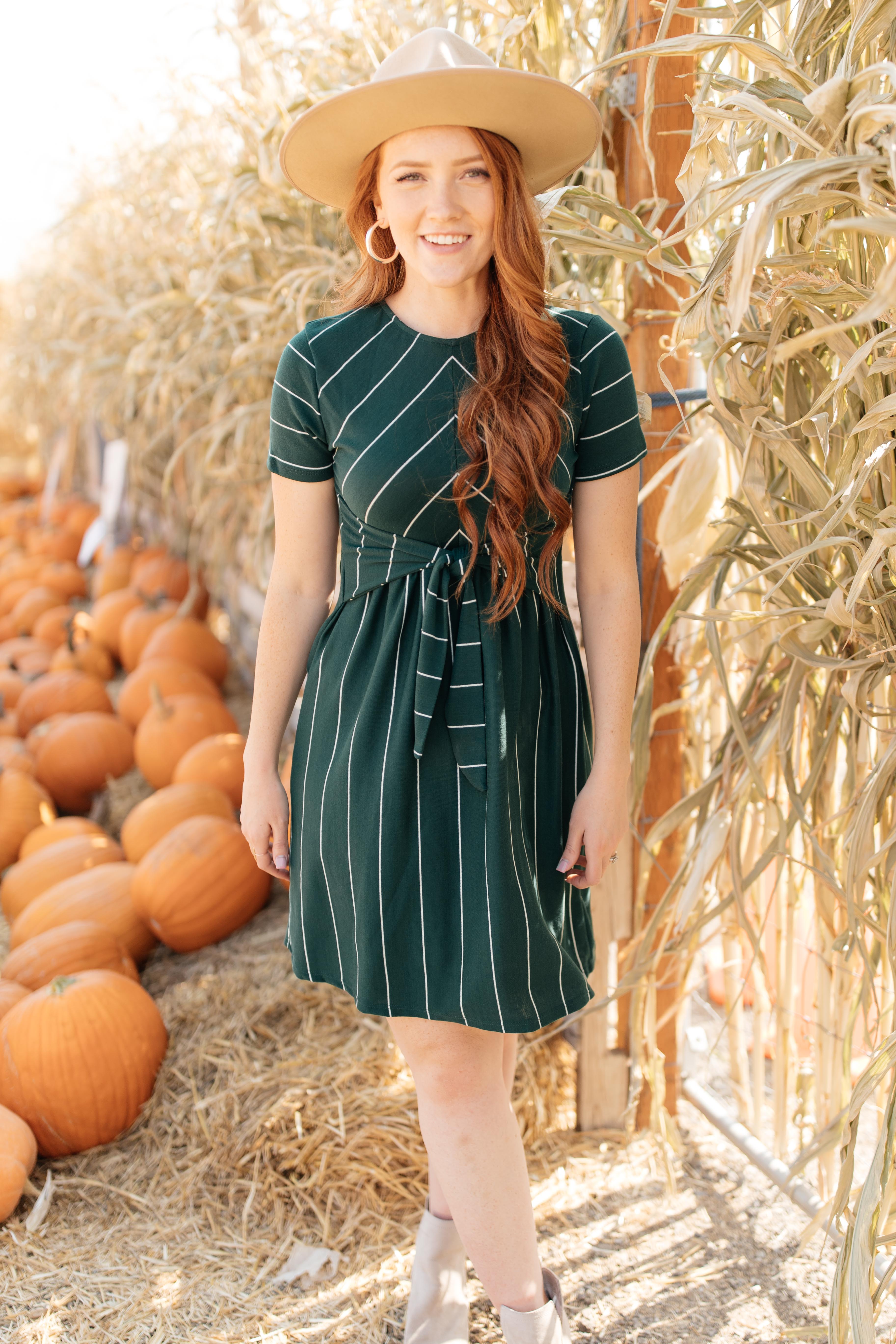 Angles And Stripes Dress in Hunter Green