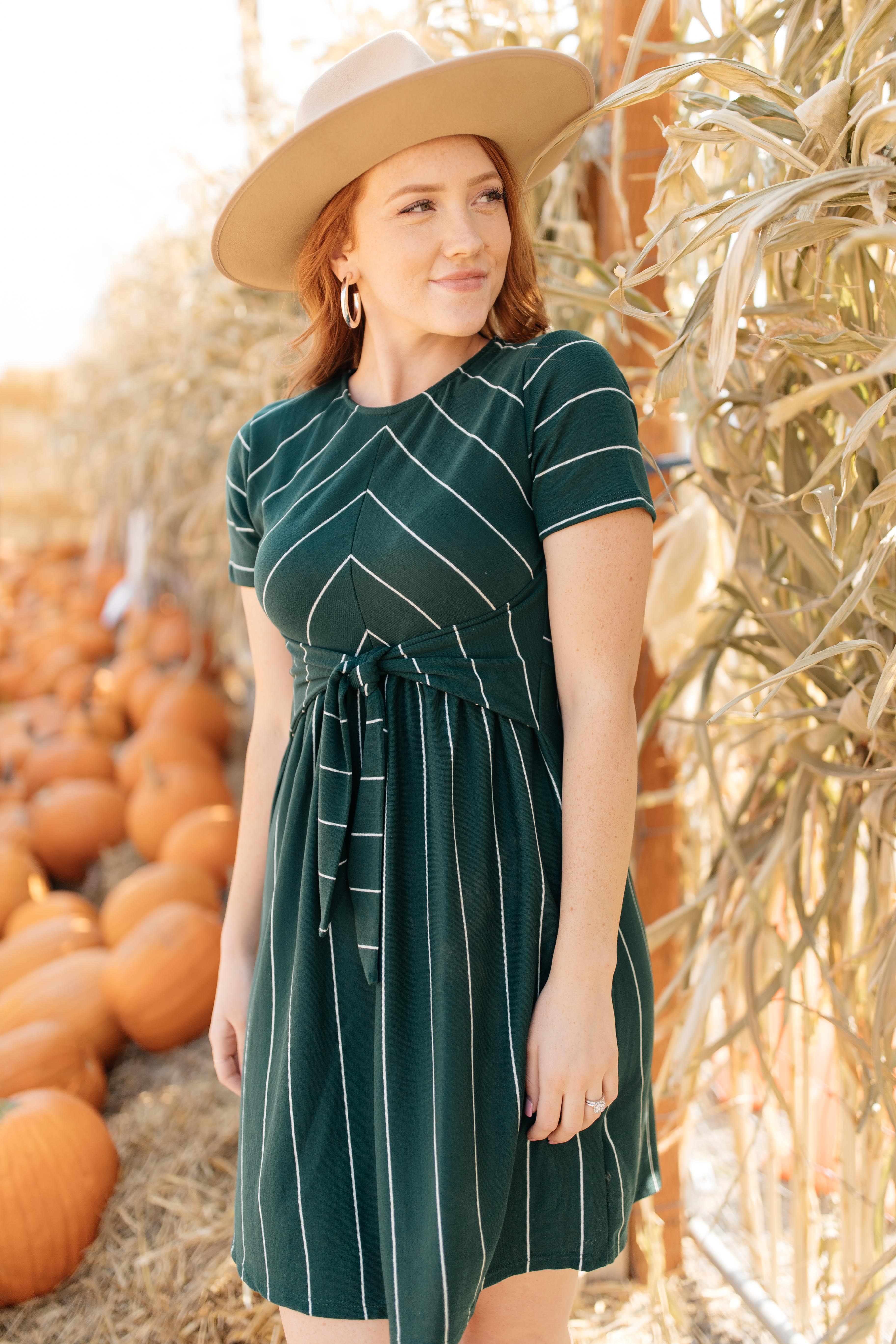 Angles And Stripes Dress in Hunter Green