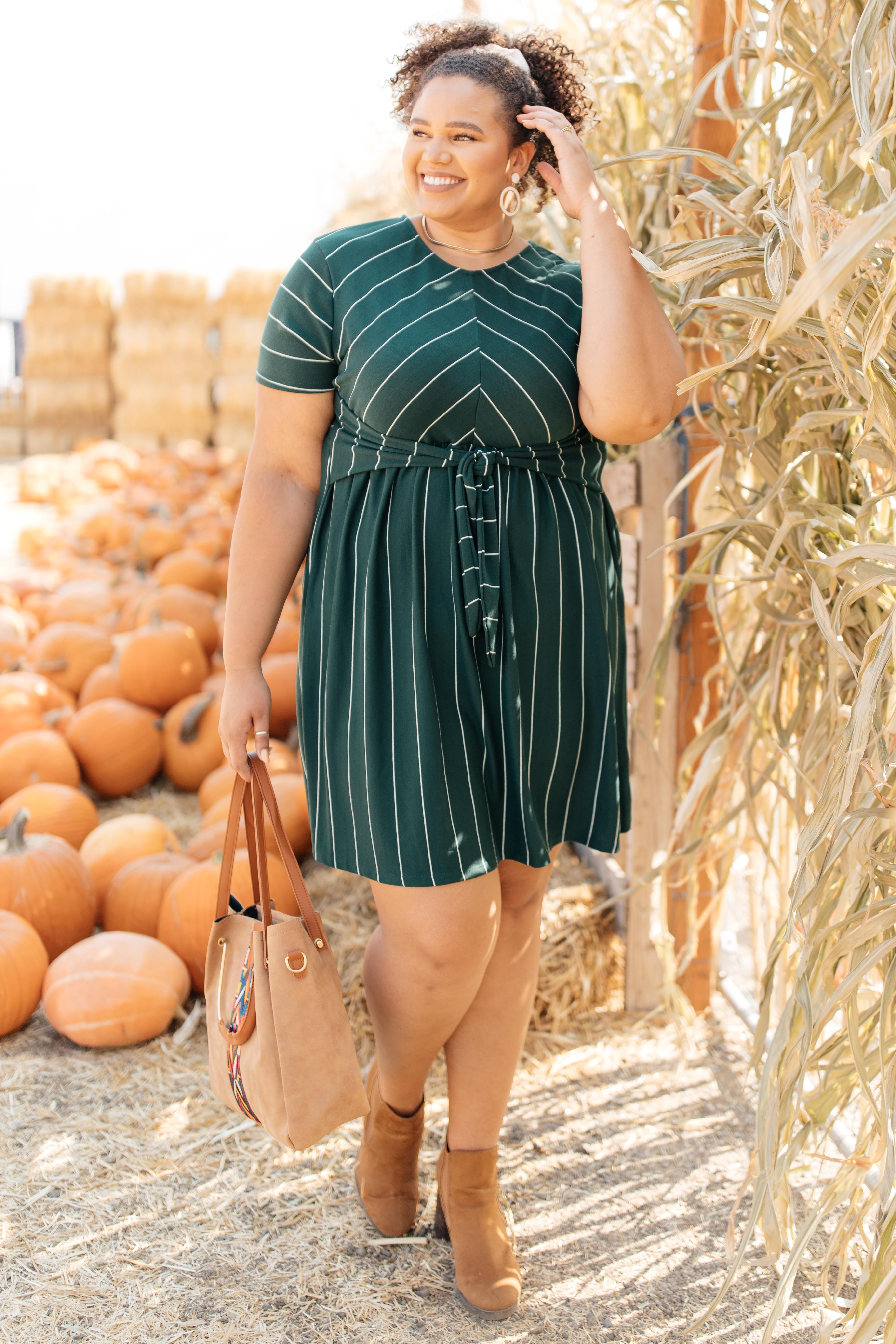 Angles And Stripes Dress in Hunter Green