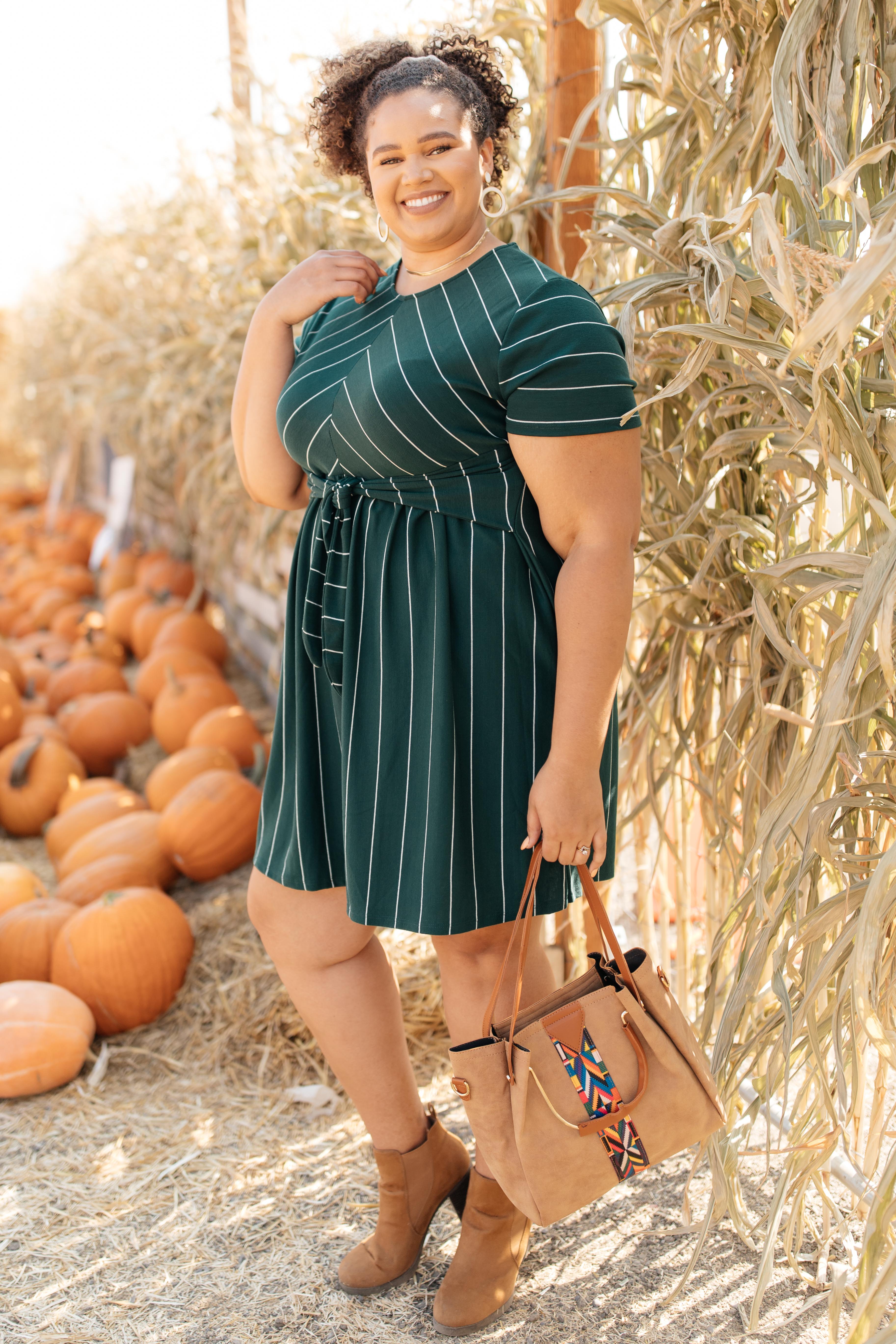 Angles And Stripes Dress in Hunter Green