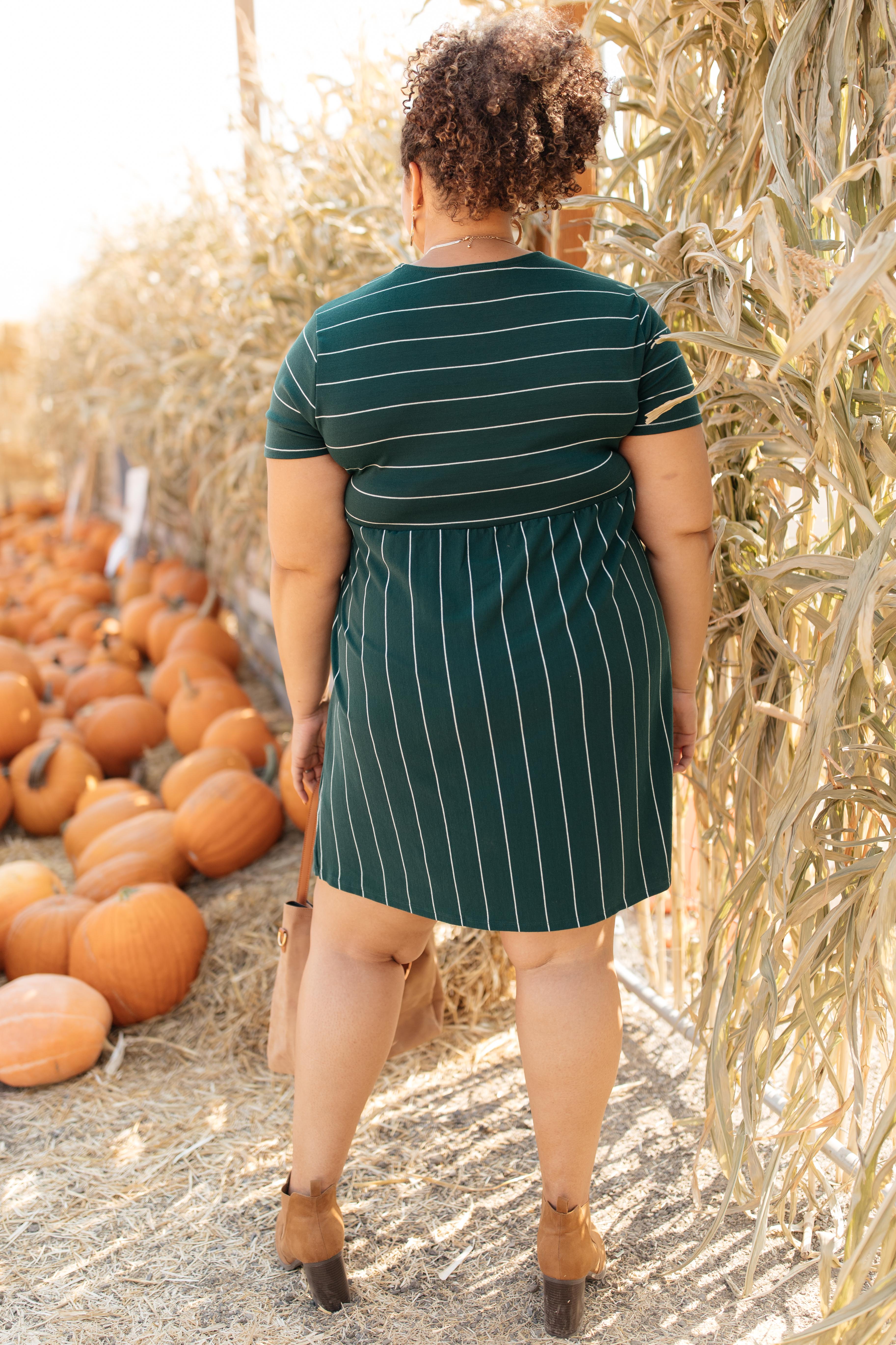 Angles And Stripes Dress in Hunter Green