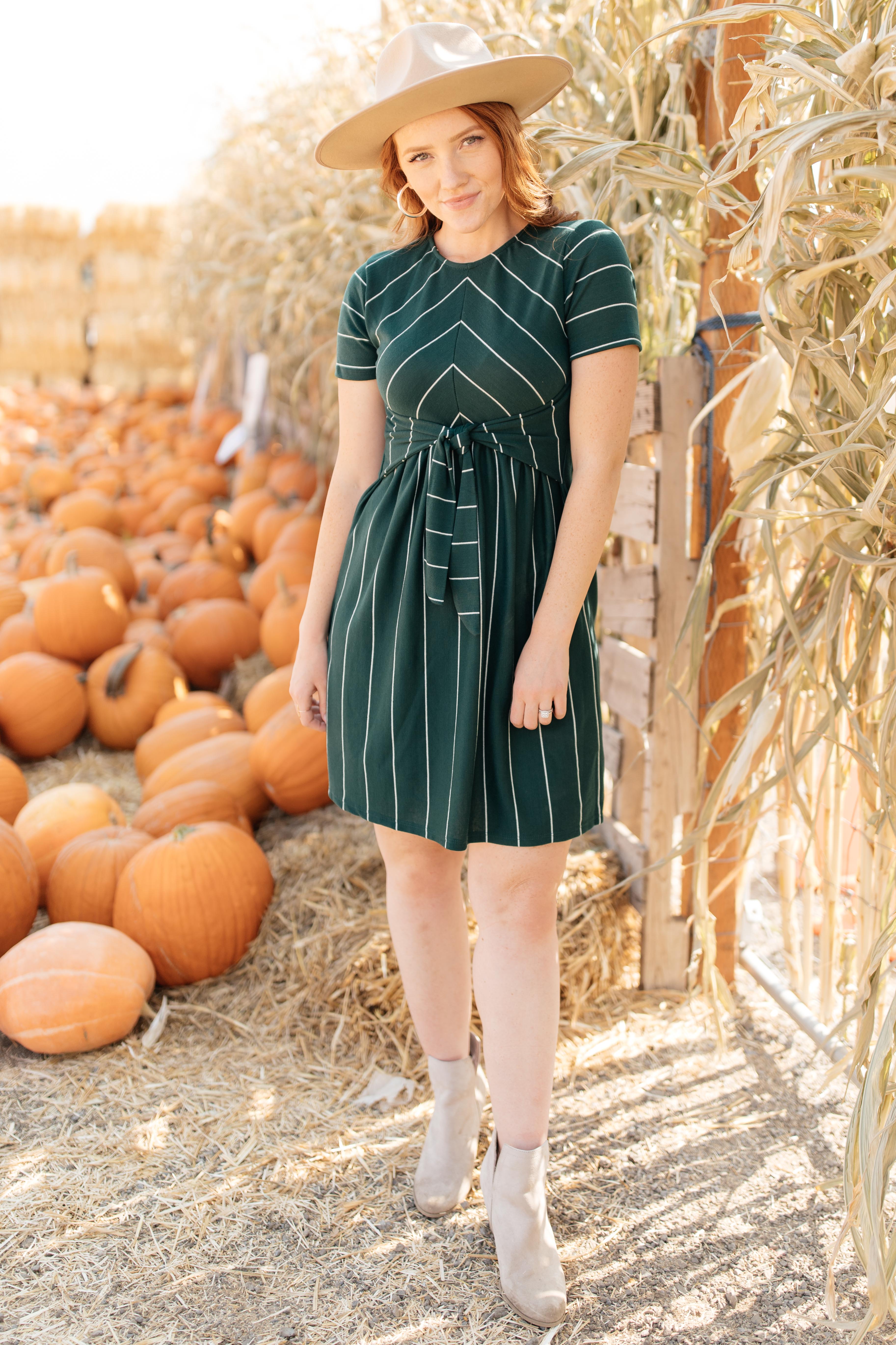 Angles And Stripes Dress in Hunter Green
