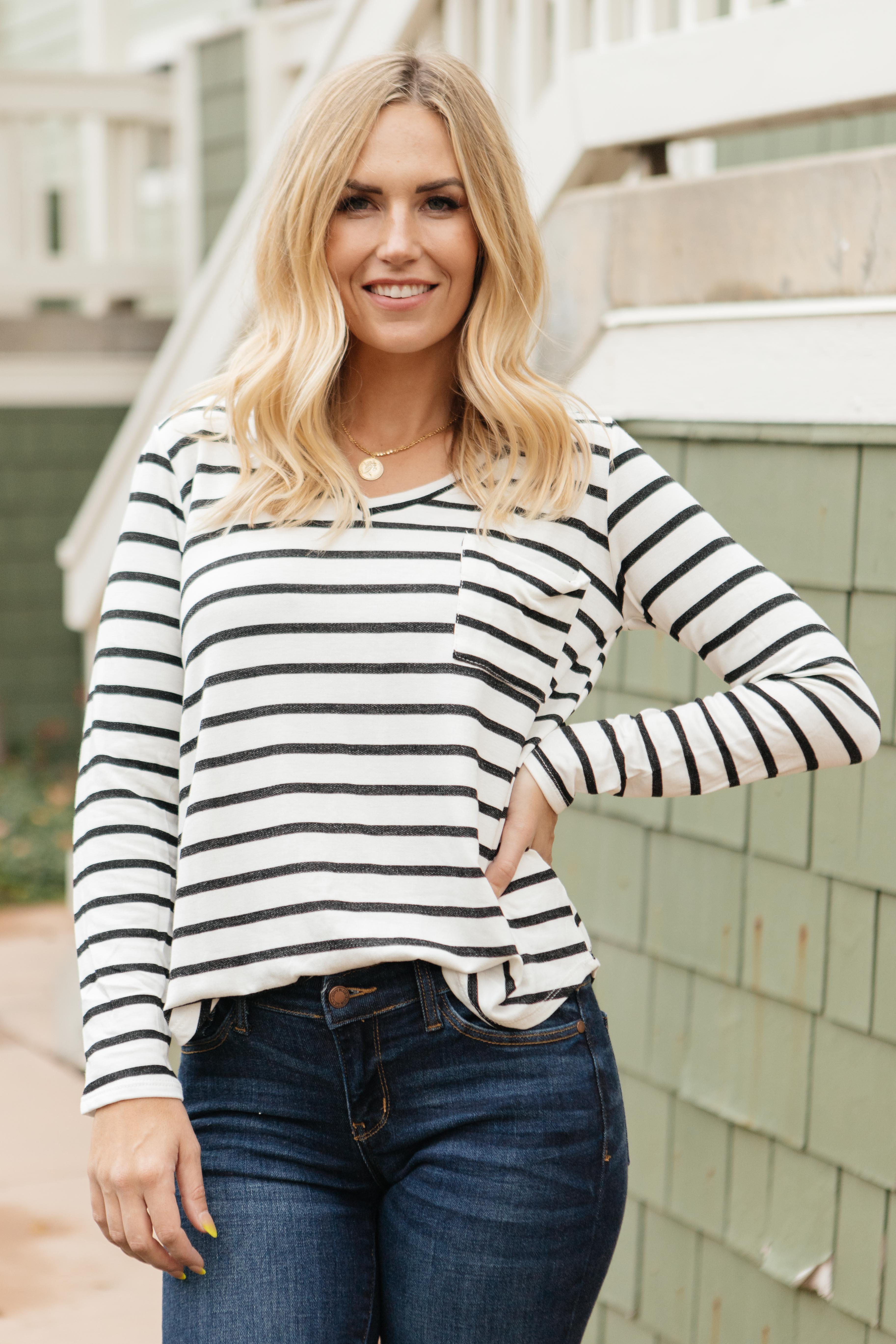 Basically Striped Long Sleeve Top in Ivory and Black