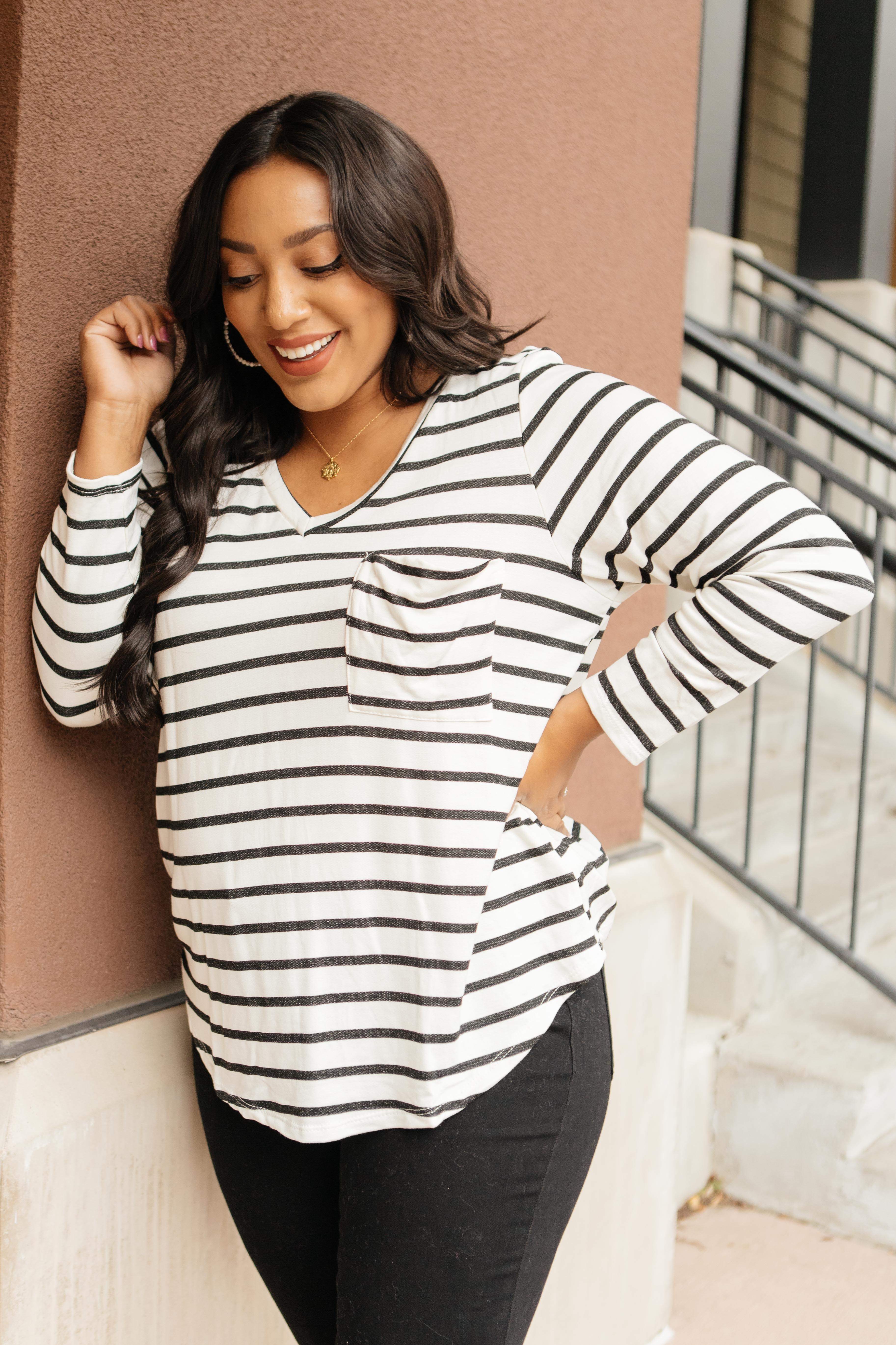 Basically Striped Long Sleeve Top in Ivory and Black