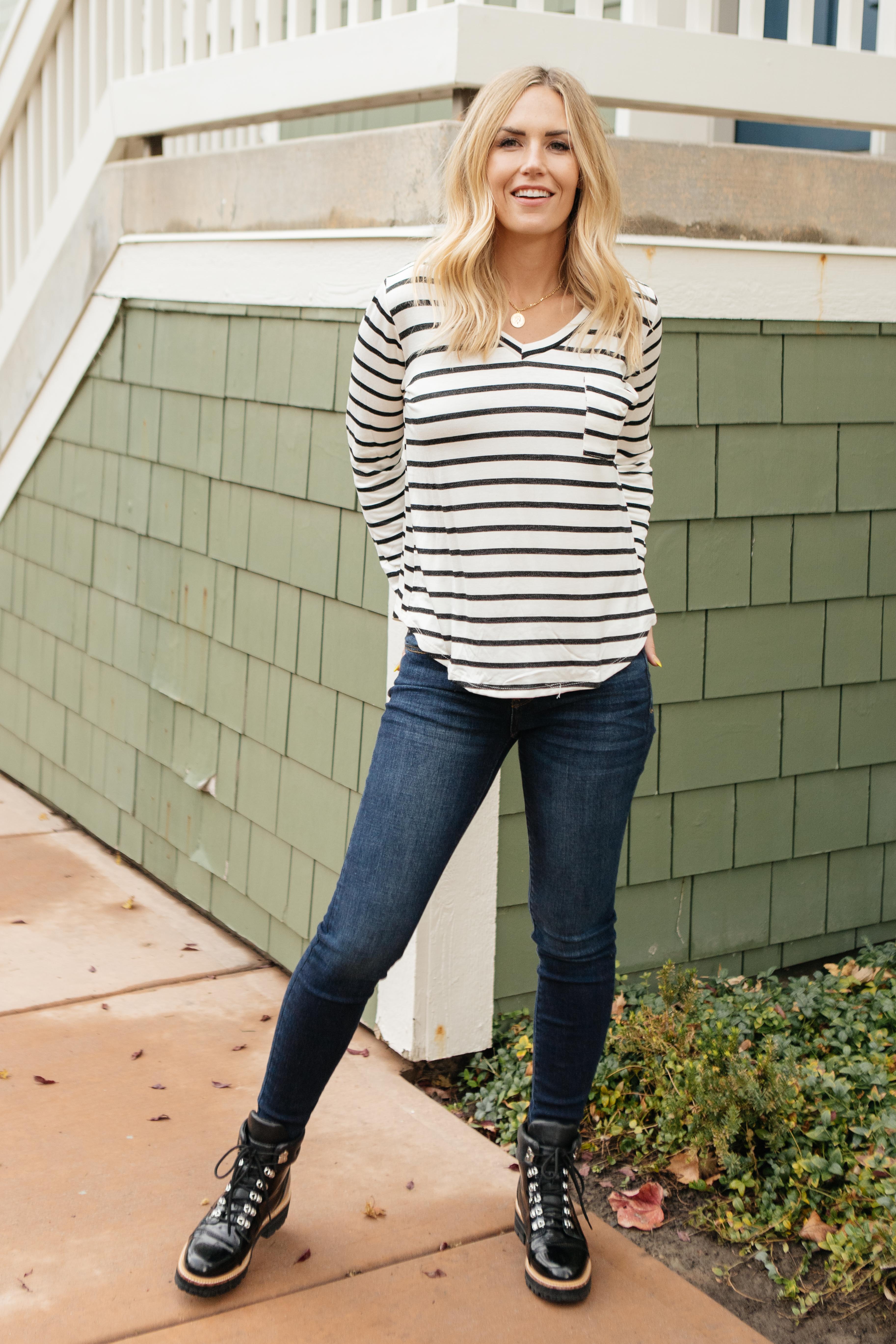 Basically Striped Long Sleeve Top in Ivory and Black