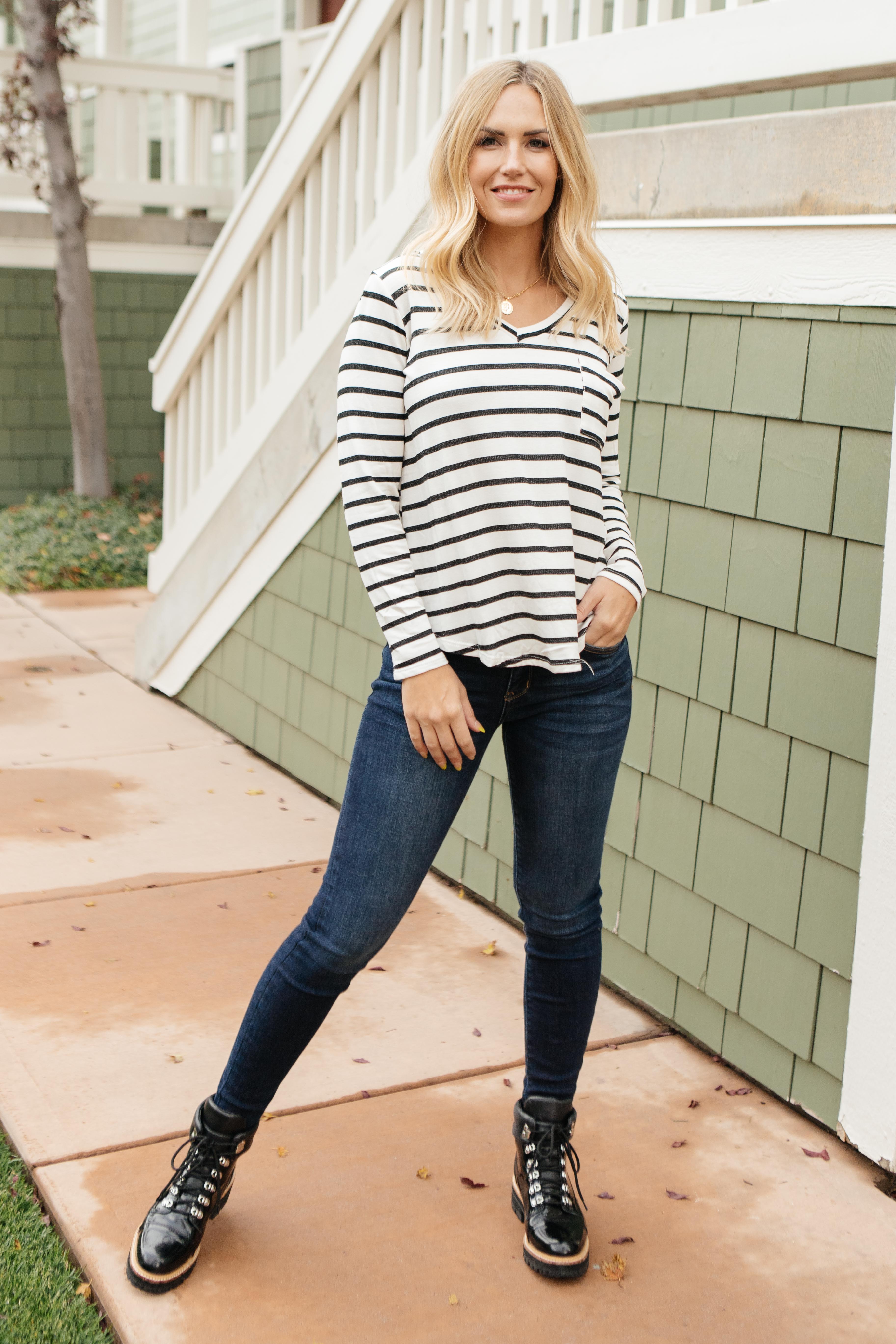Basically Striped Long Sleeve Top in Ivory and Black