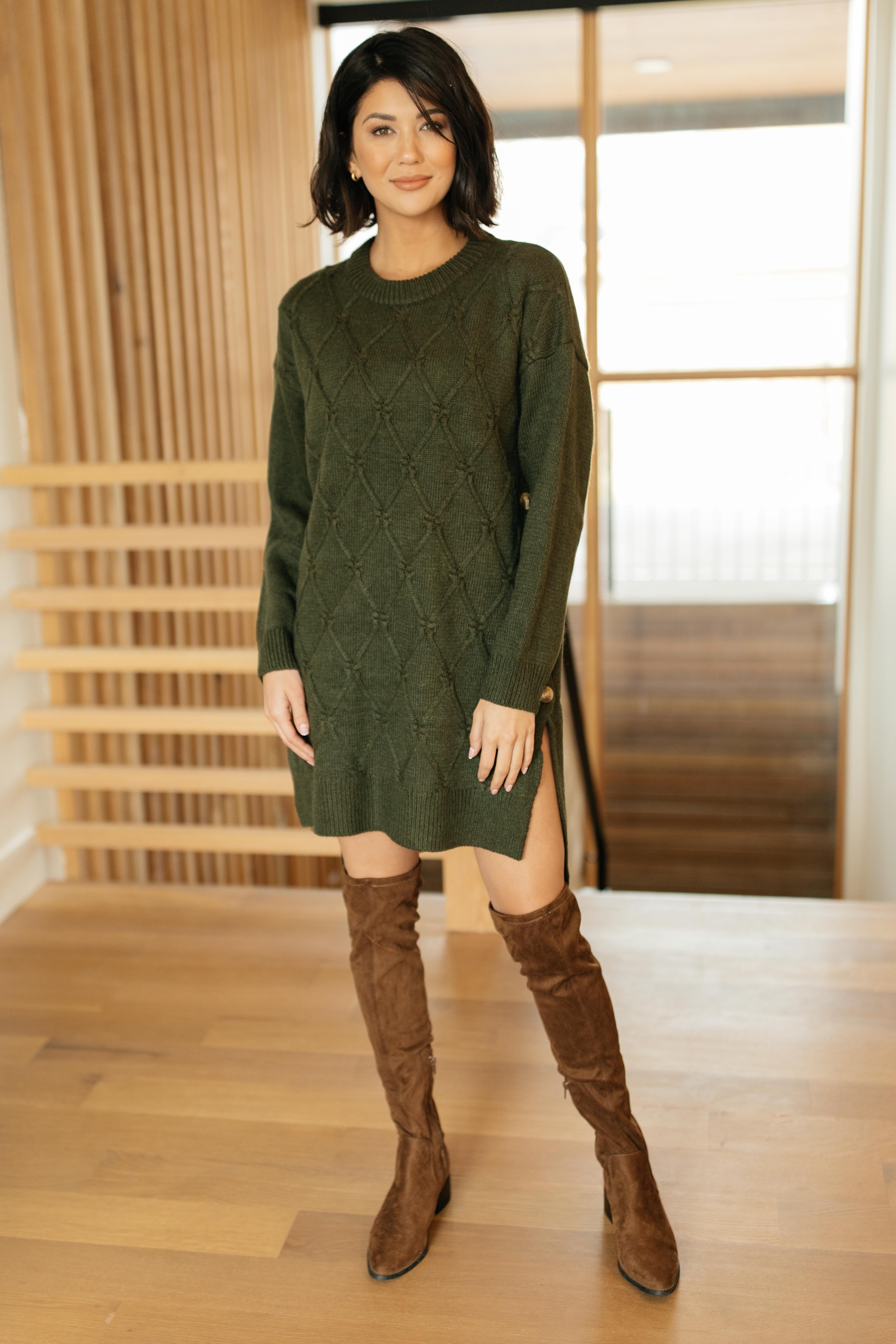 Diamond Details Sweater Dress in Olive
