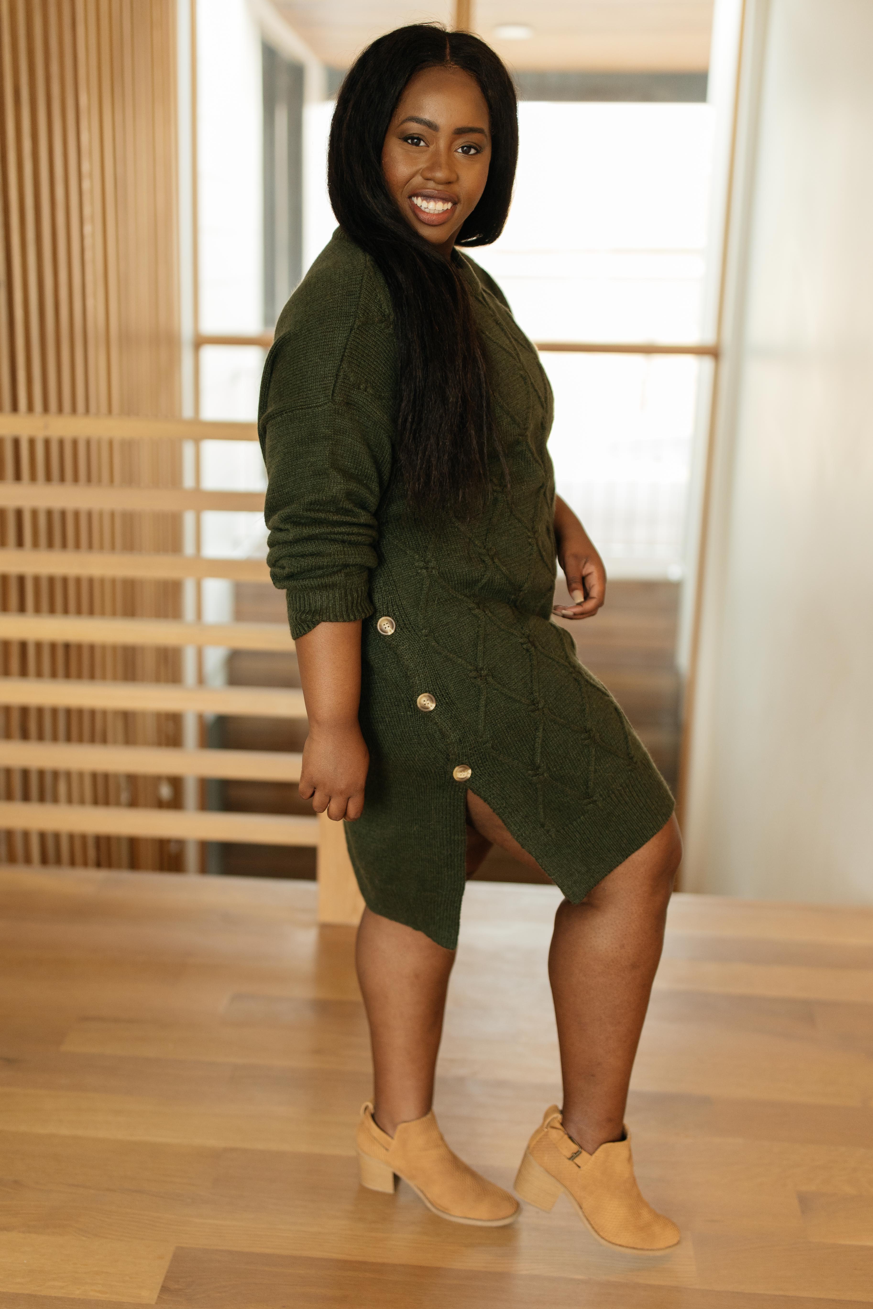 Diamond Details Sweater Dress in Olive