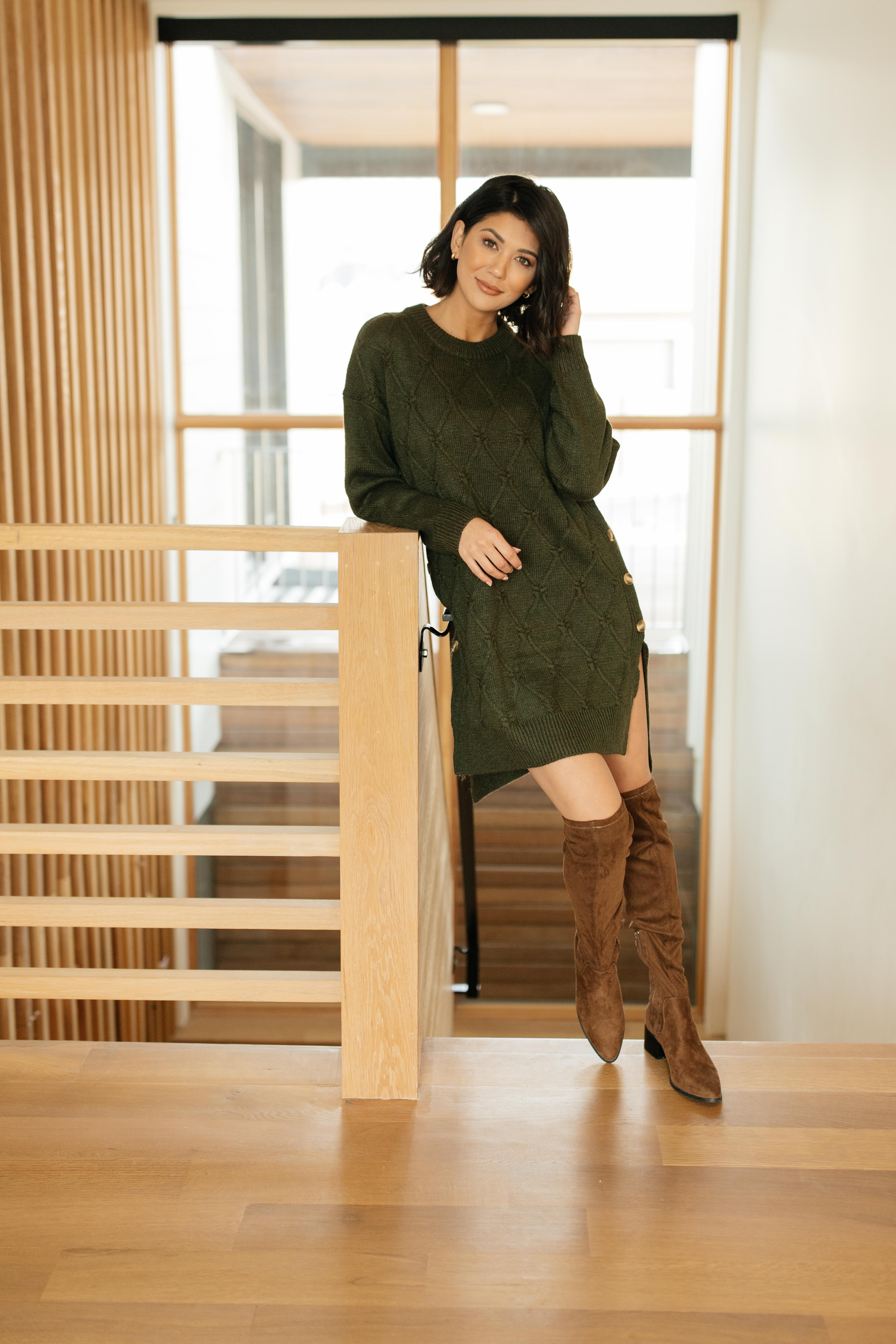 Diamond Details Sweater Dress in Olive