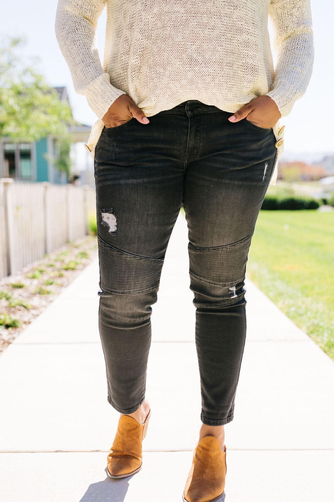Distressed Dark Gray Modern Moto Jeans
