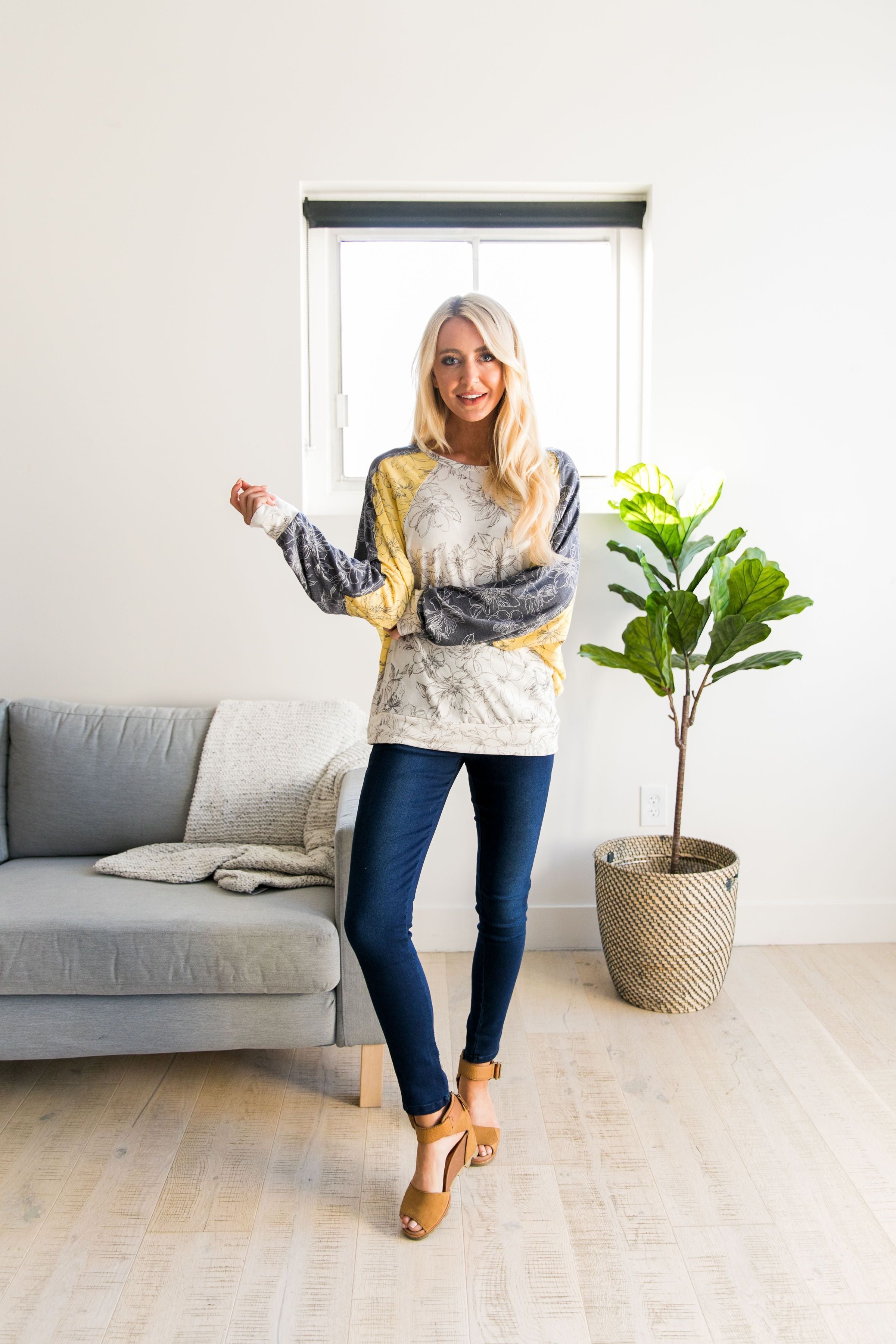 Dolman Sleeve Floral Color Block Top