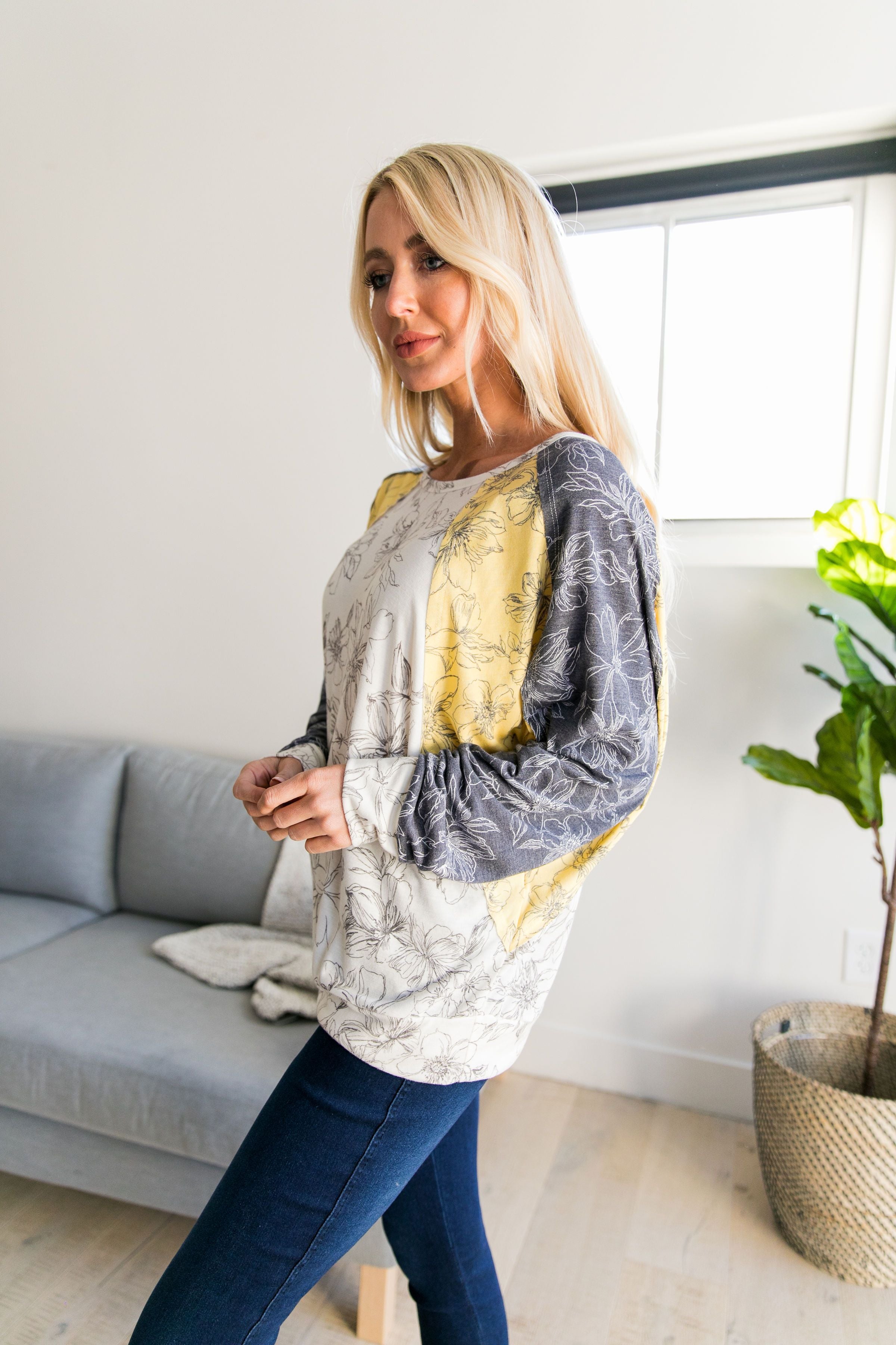 Dolman Sleeve Floral Color Block Top