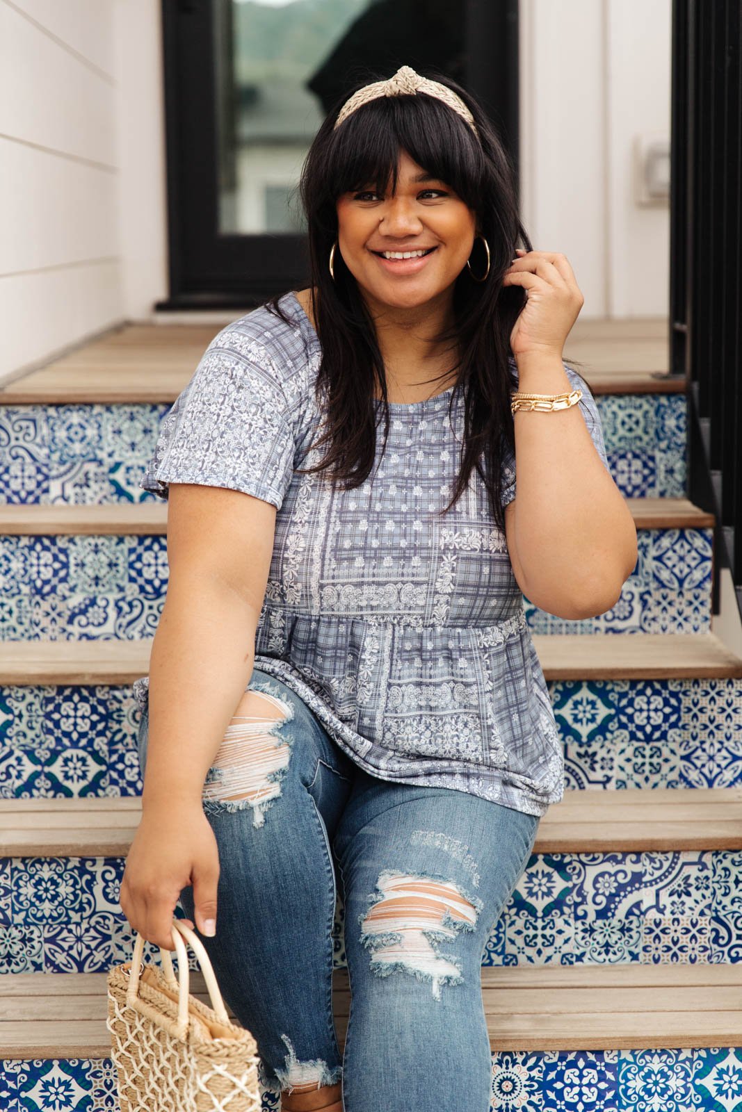 Faded Navy Folk Print Top