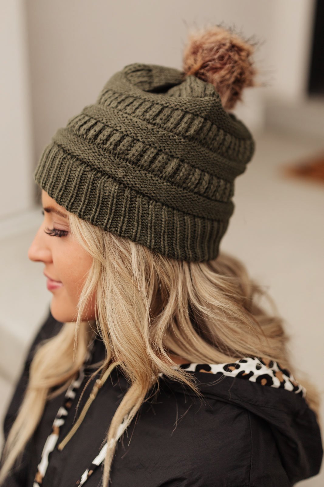 Faux Fur Pom Pom Beanie In Olive