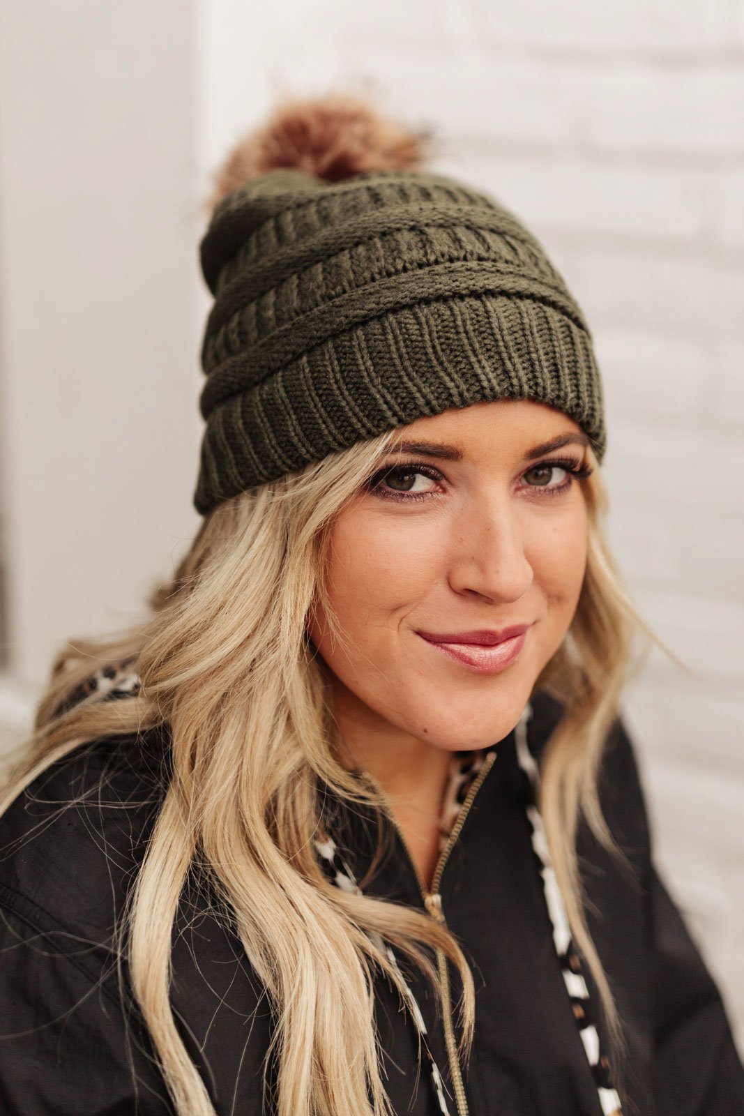 Faux Fur Pom Pom Beanie In Olive