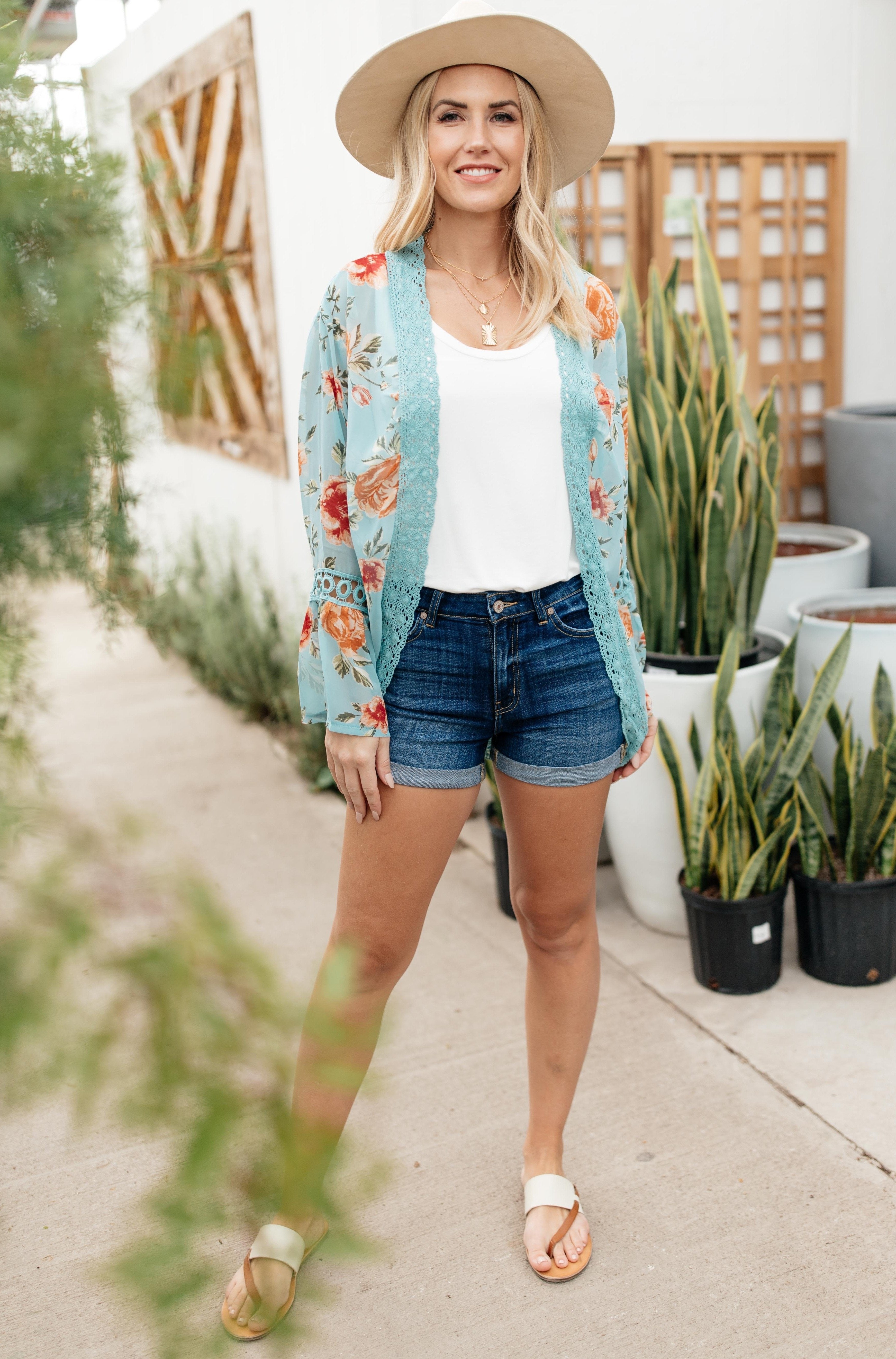 Floral Bell Sleeve Kimono in Mint