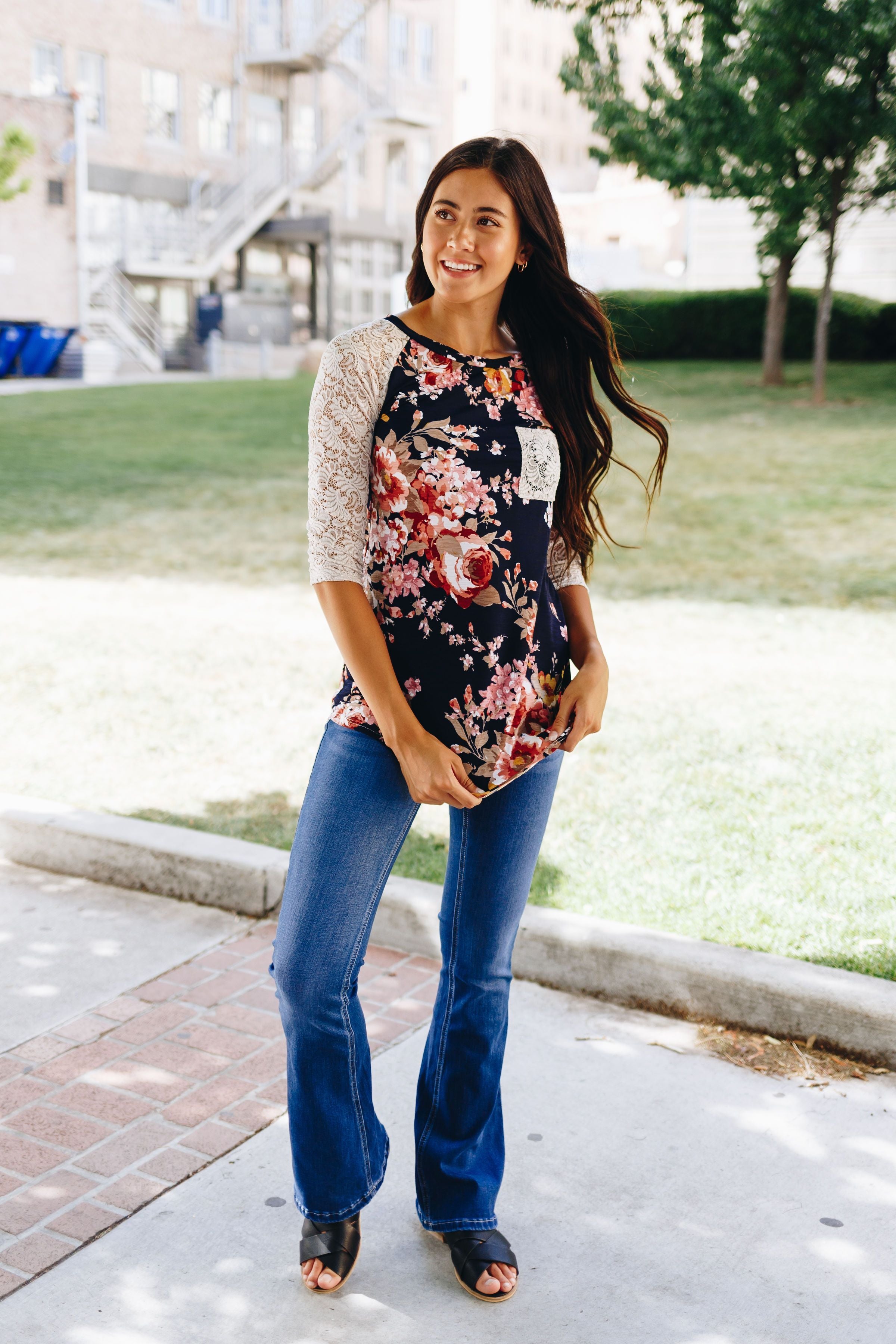 Floral + Lace Raglan Sleeve Tee