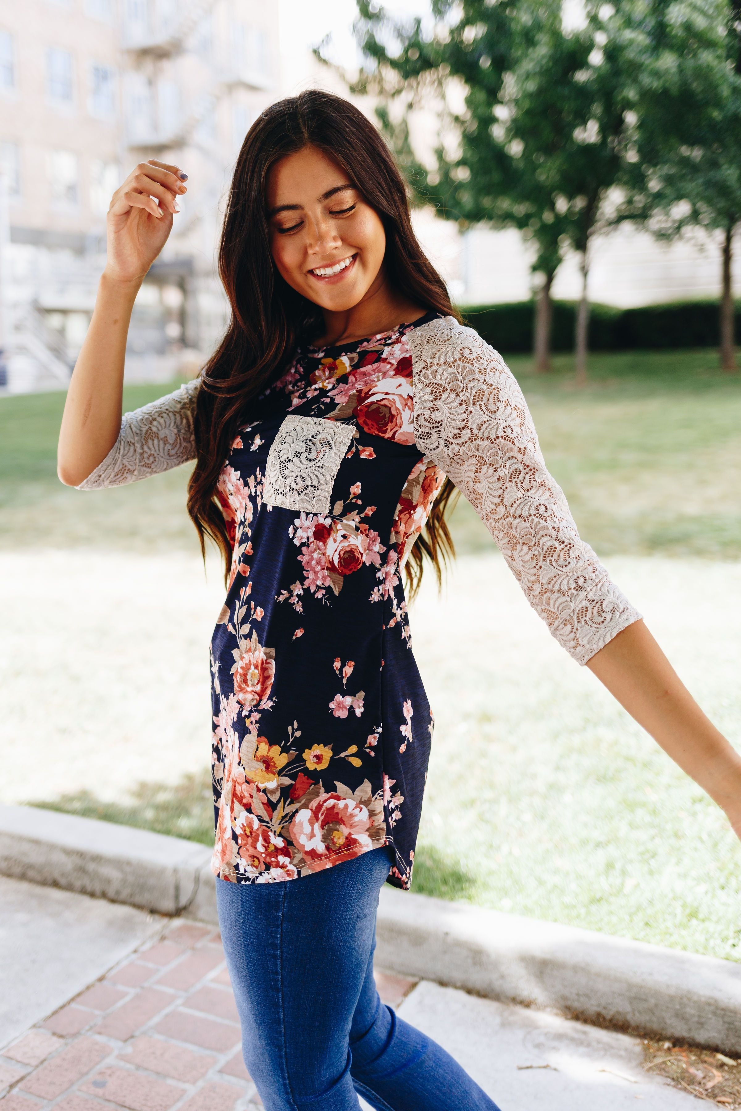 Floral + Lace Raglan Sleeve Tee