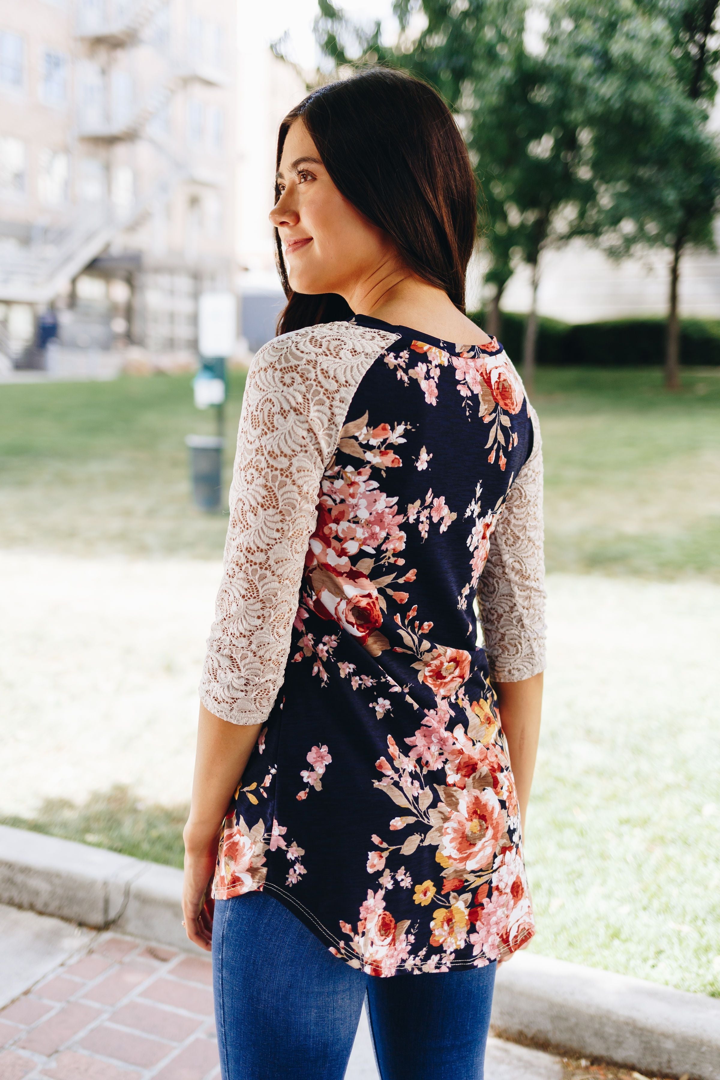 Floral + Lace Raglan Sleeve Tee
