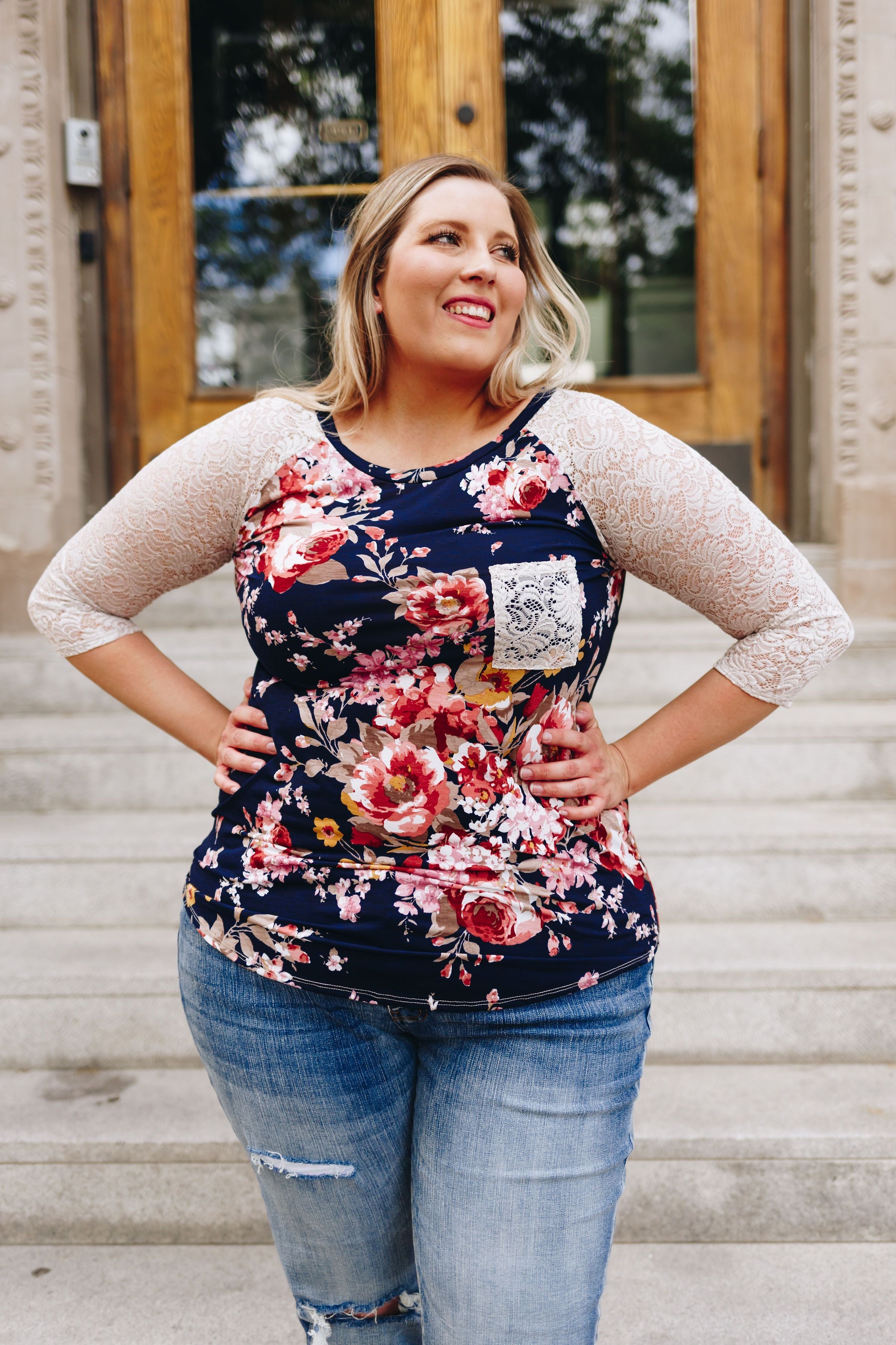 Floral + Lace Raglan Sleeve Tee