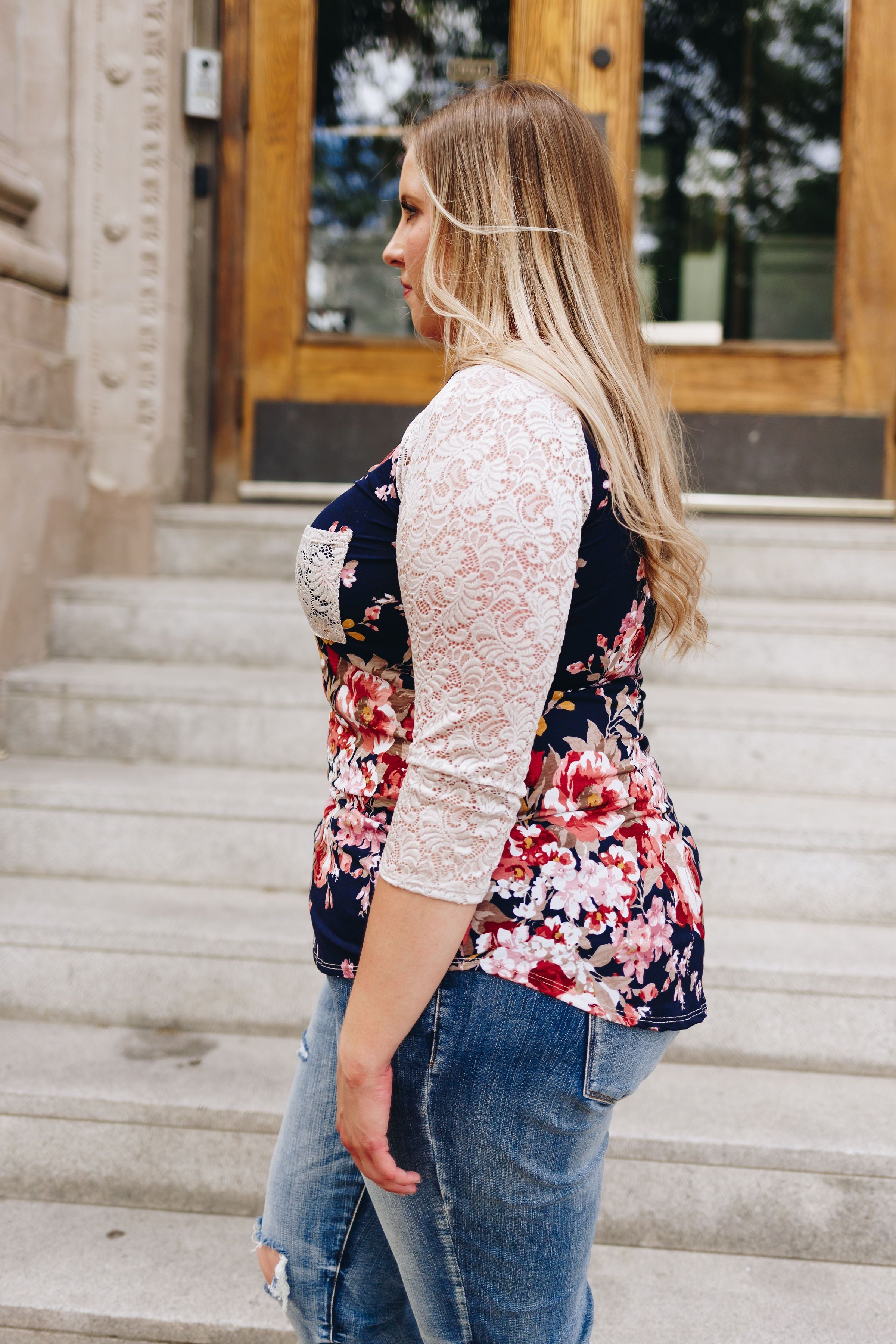 Floral + Lace Raglan Sleeve Tee