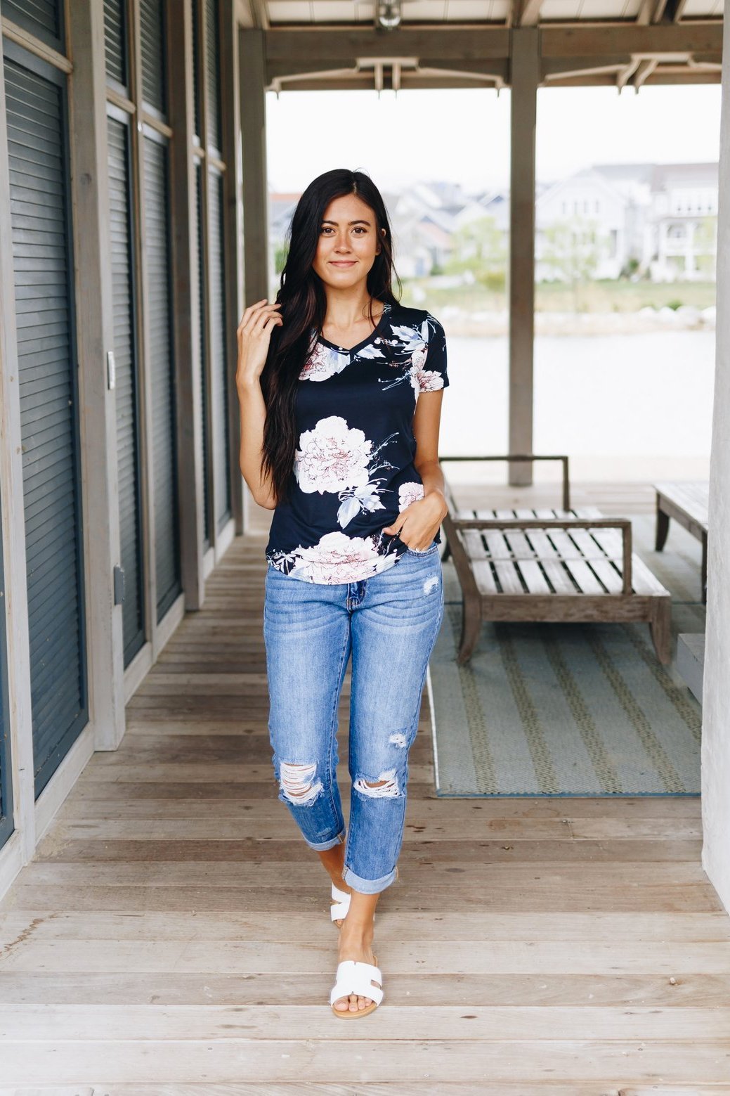 Floral Print V-Neck In Black