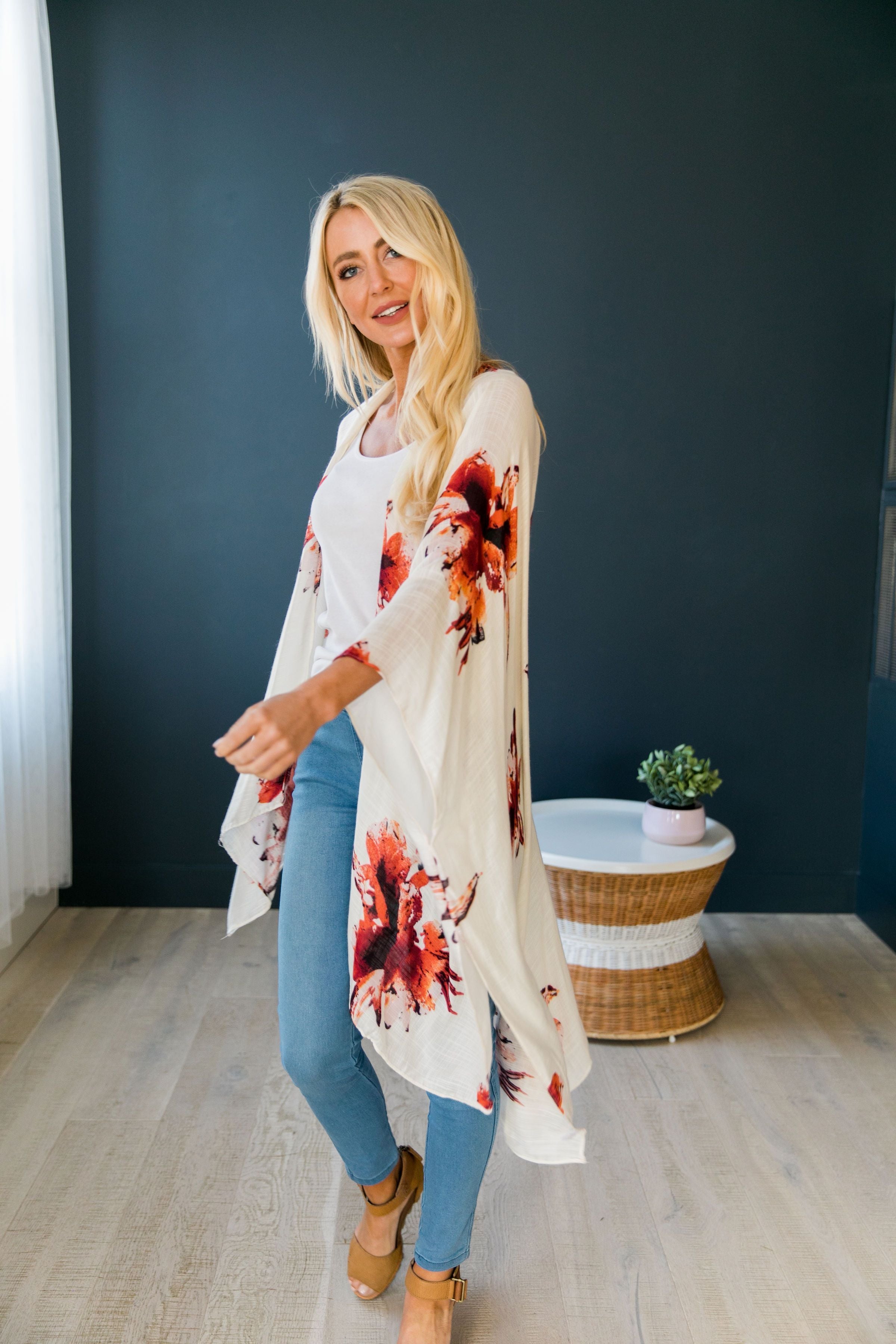 Flowing Floral Kimono in Ivory