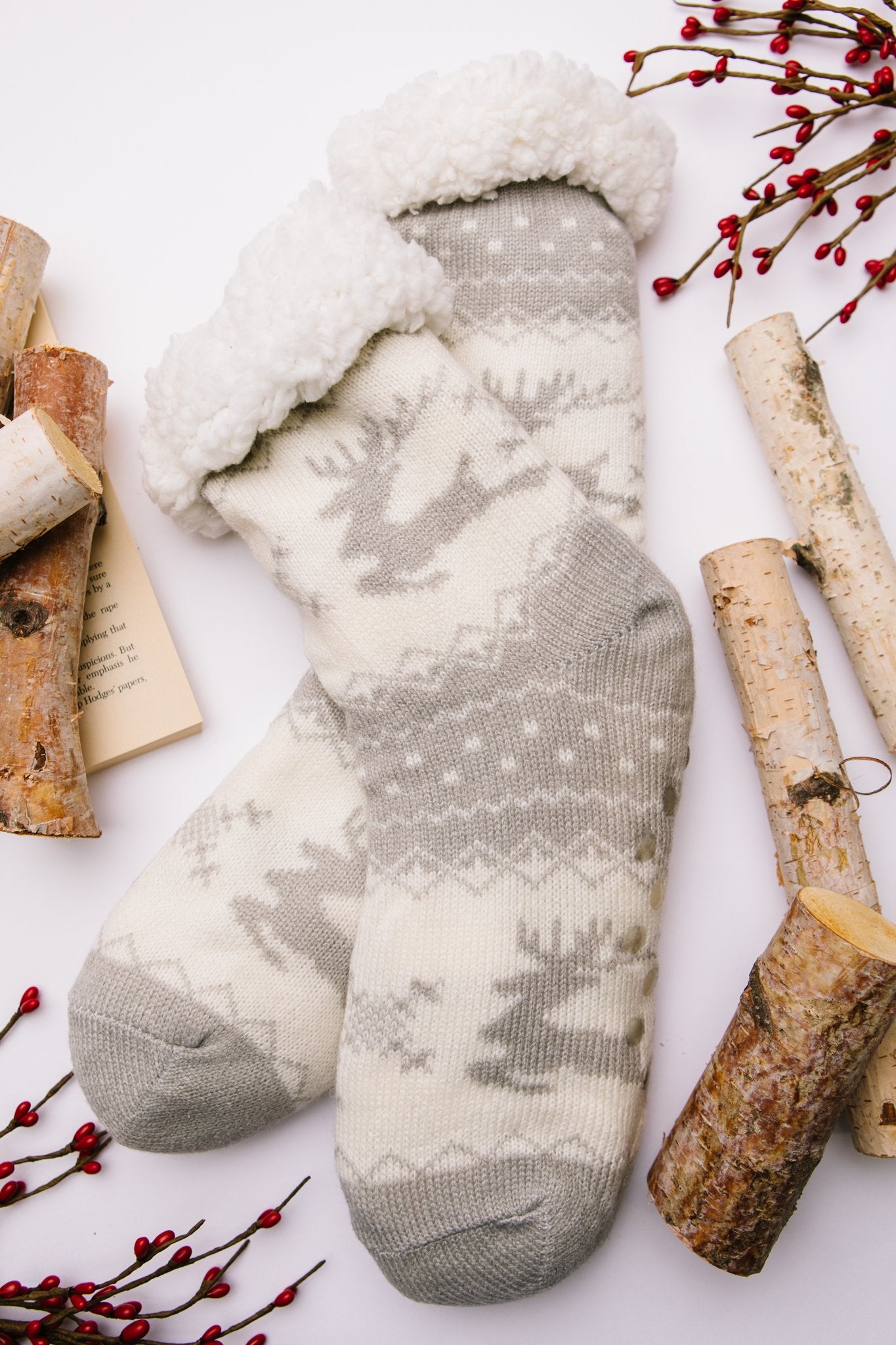 Fuzzy Holiday Socks In Gray